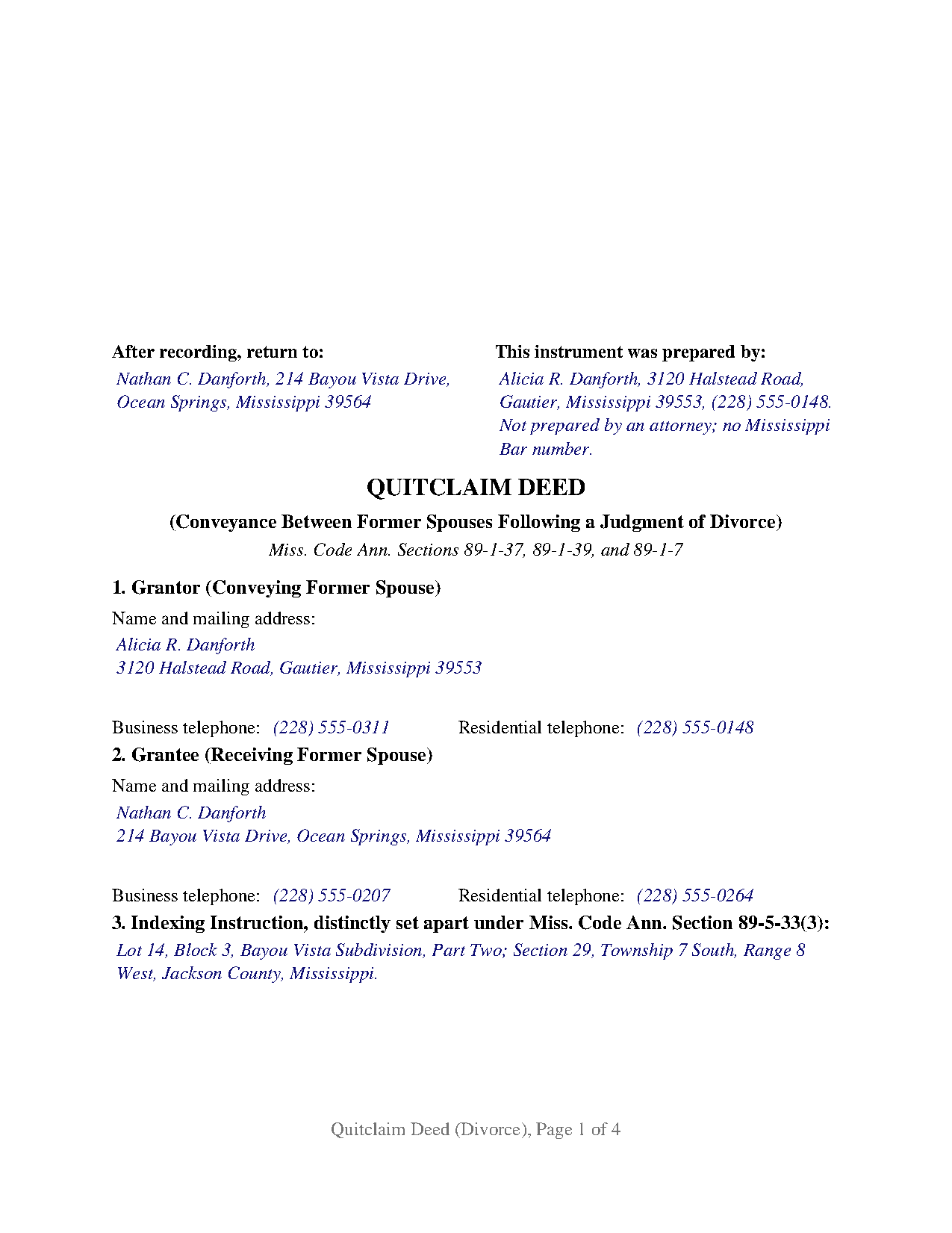 Calhoun County Completed Example of the Quitclaim Deed (Divorce) Document