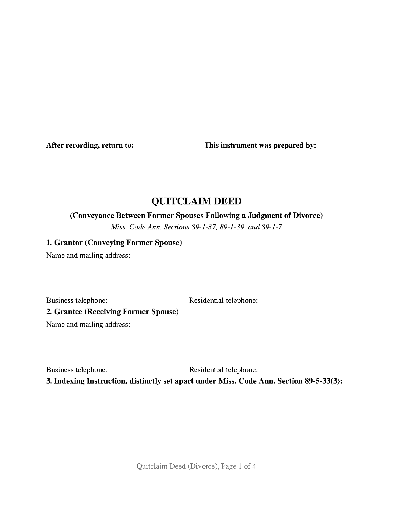 Calhoun County Quitclaim Deed (Divorce) Form