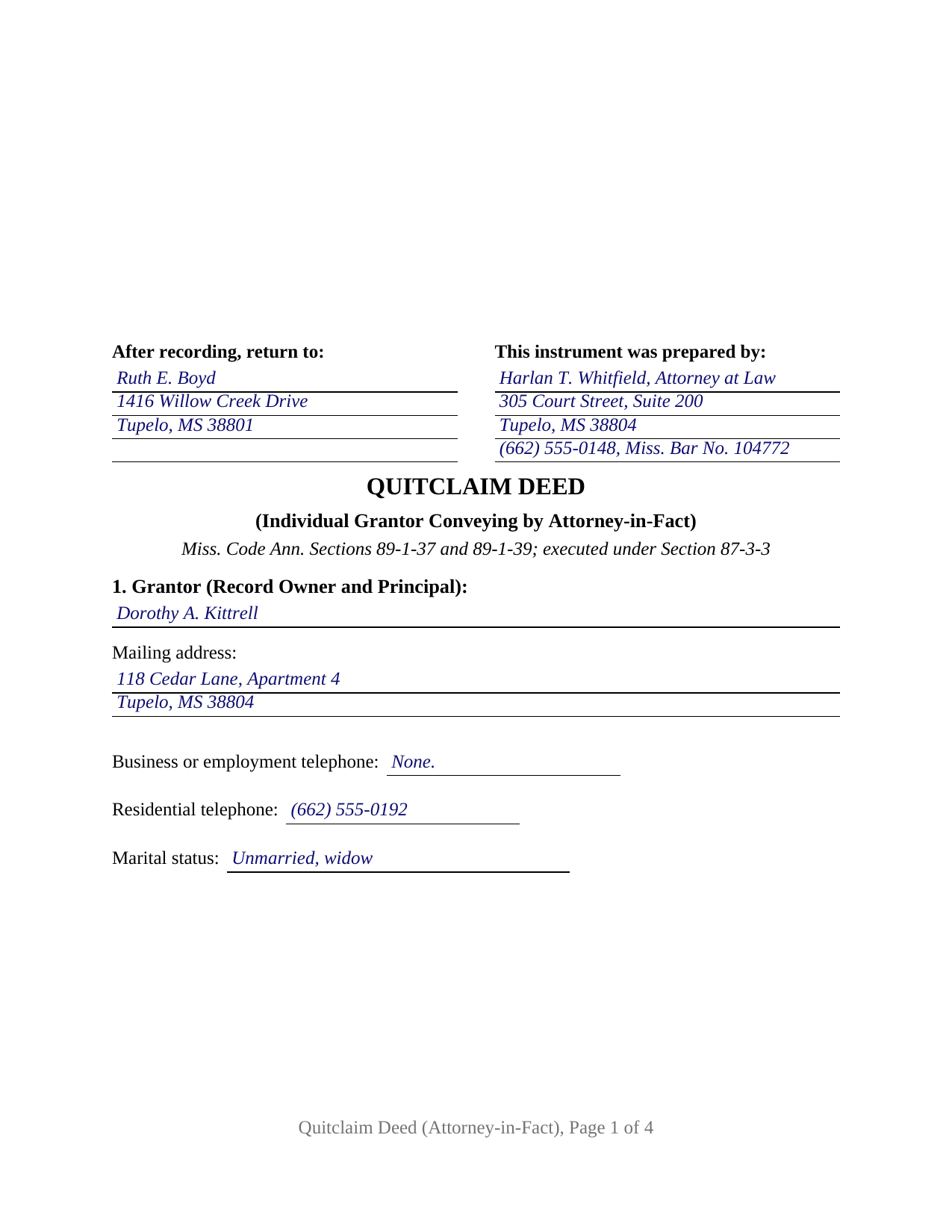 Chickasaw County Completed Example of the Quitclaim Deed (Individual Grantor by Attorney-in-Fact or POA) Document