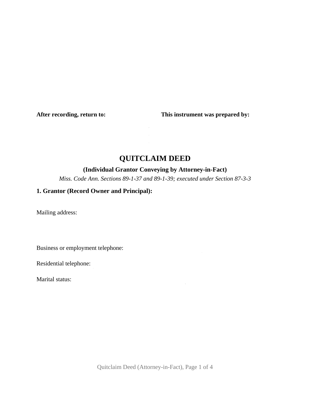 Chickasaw County Quitclaim Deed (Individual Grantor by Attorney-in-Fact or POA) Form
