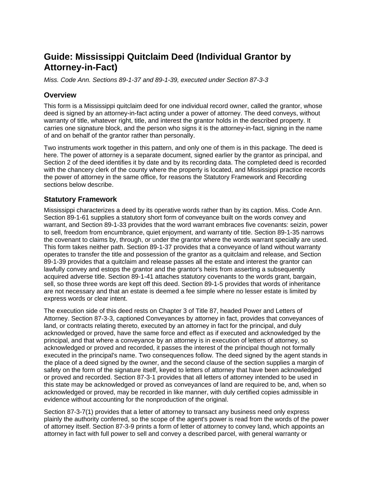 Chickasaw County Quitclaim Deed (Individual Grantor by Attorney-in-Fact or POA) Guide