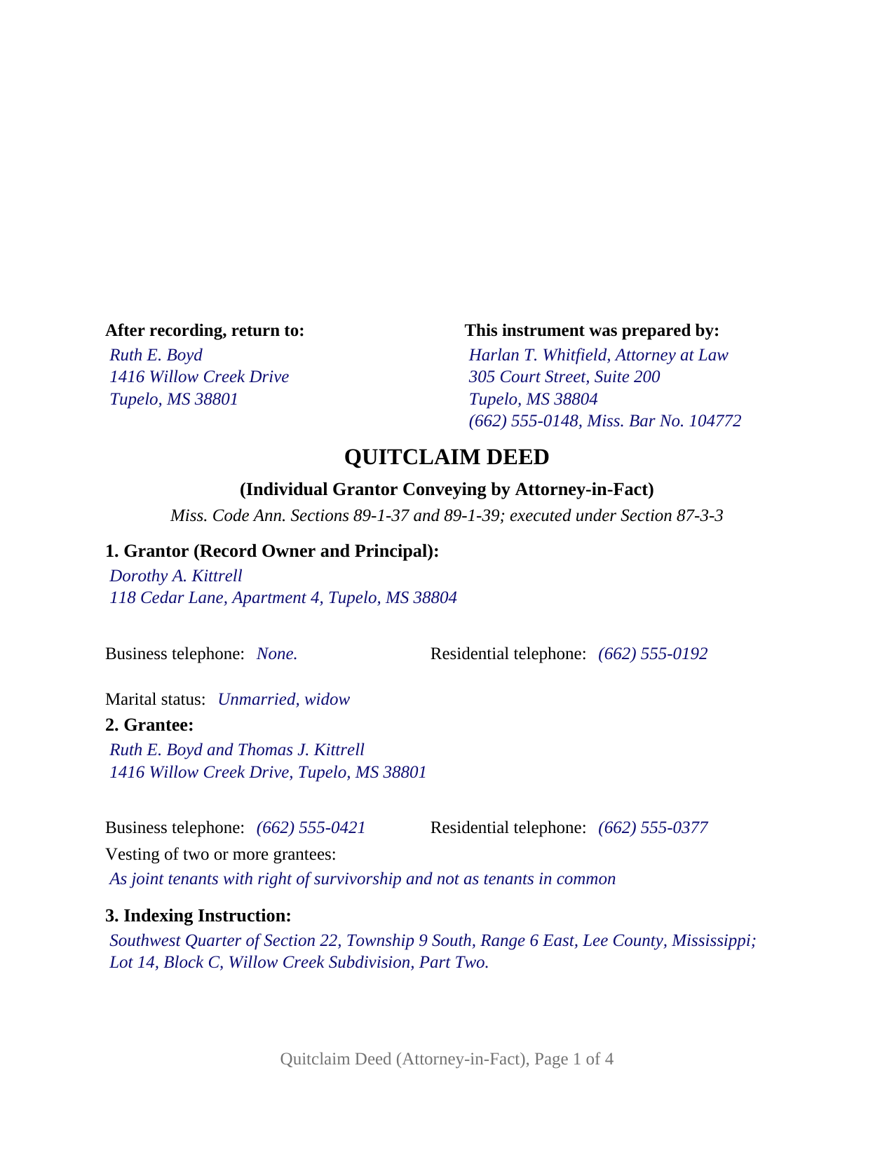 Smith County Completed Example of the Quitclaim Deed (Individual Grantor by Attorney-in-Fact or POA) Document