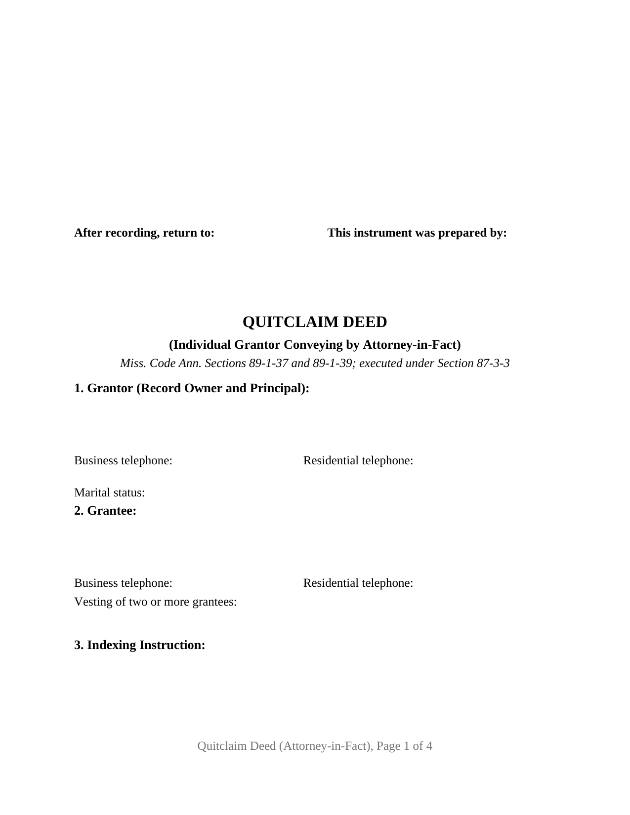 Smith County Quitclaim Deed (Individual Grantor by Attorney-in-Fact or POA) Form