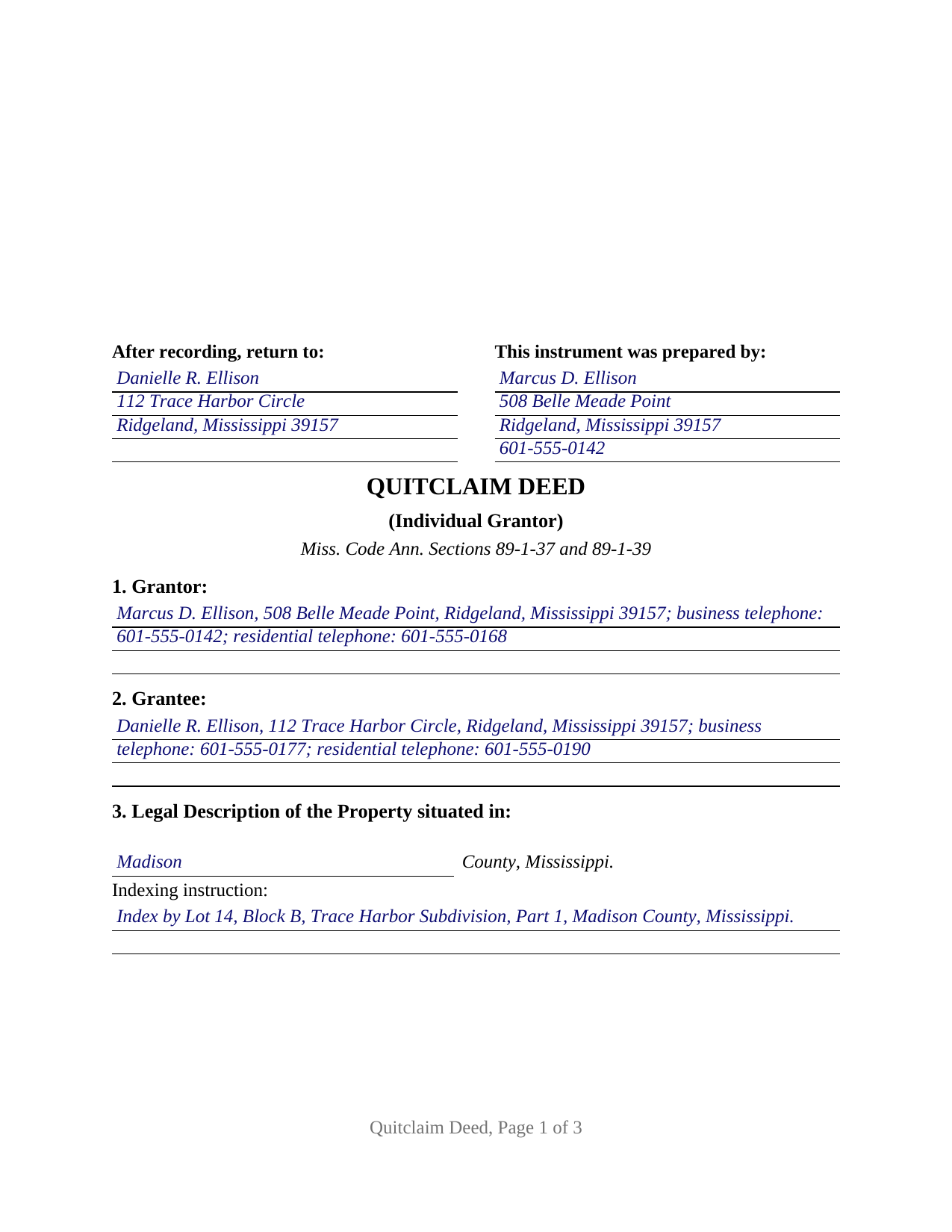 Clarke County Completed Example of the Quitclaim Deed (Individual Grantor) Document