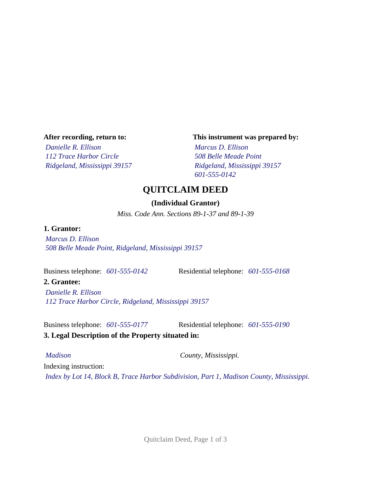 Webster County Completed Example of the Quitclaim Deed (Individual Grantor) Document