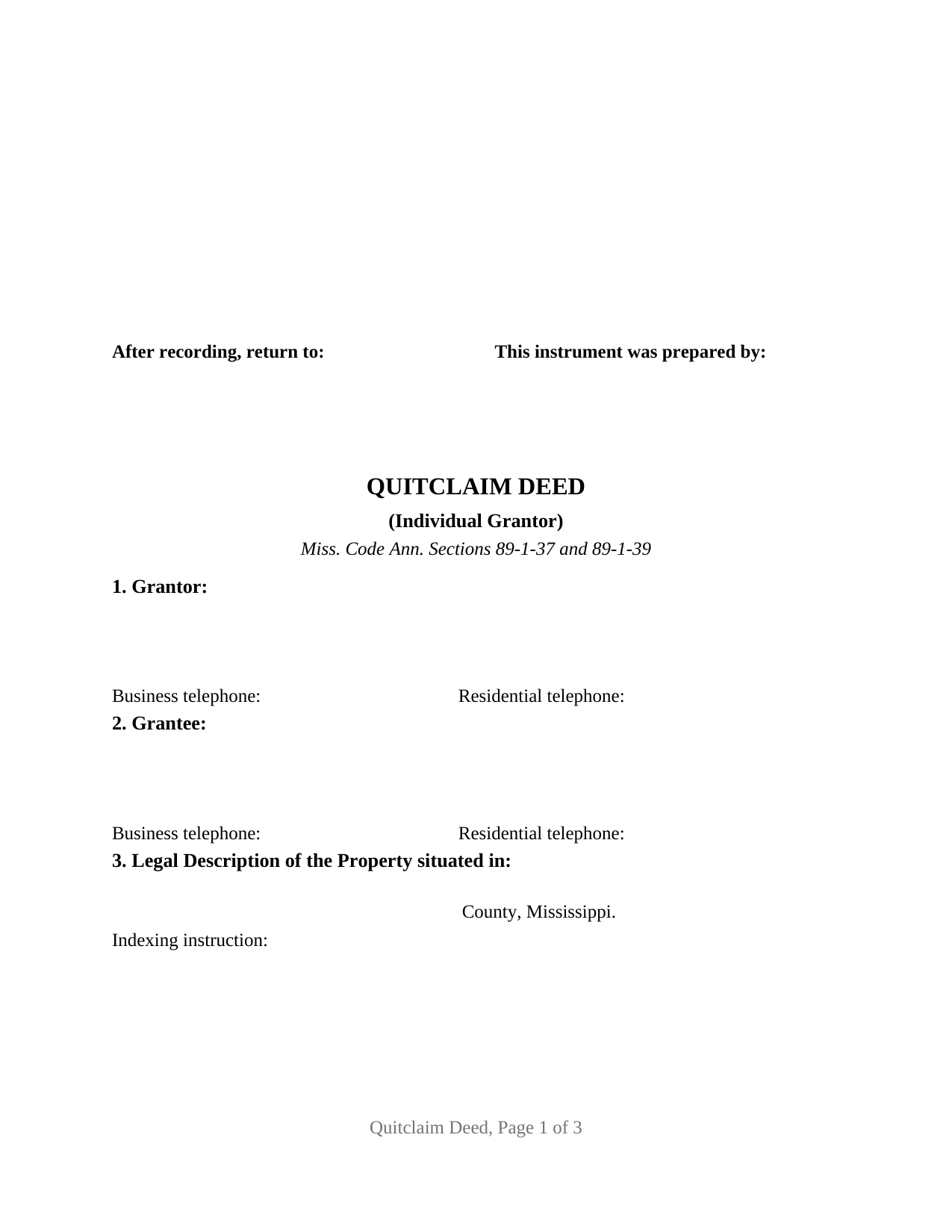 Webster County Quitclaim Deed (Individual Grantor) Form