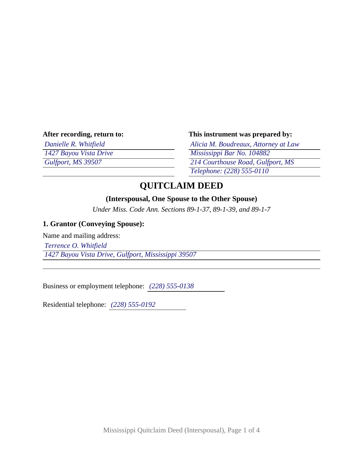 Panola County Completed Example of the Quitclaim Deed (Interspousal) Document