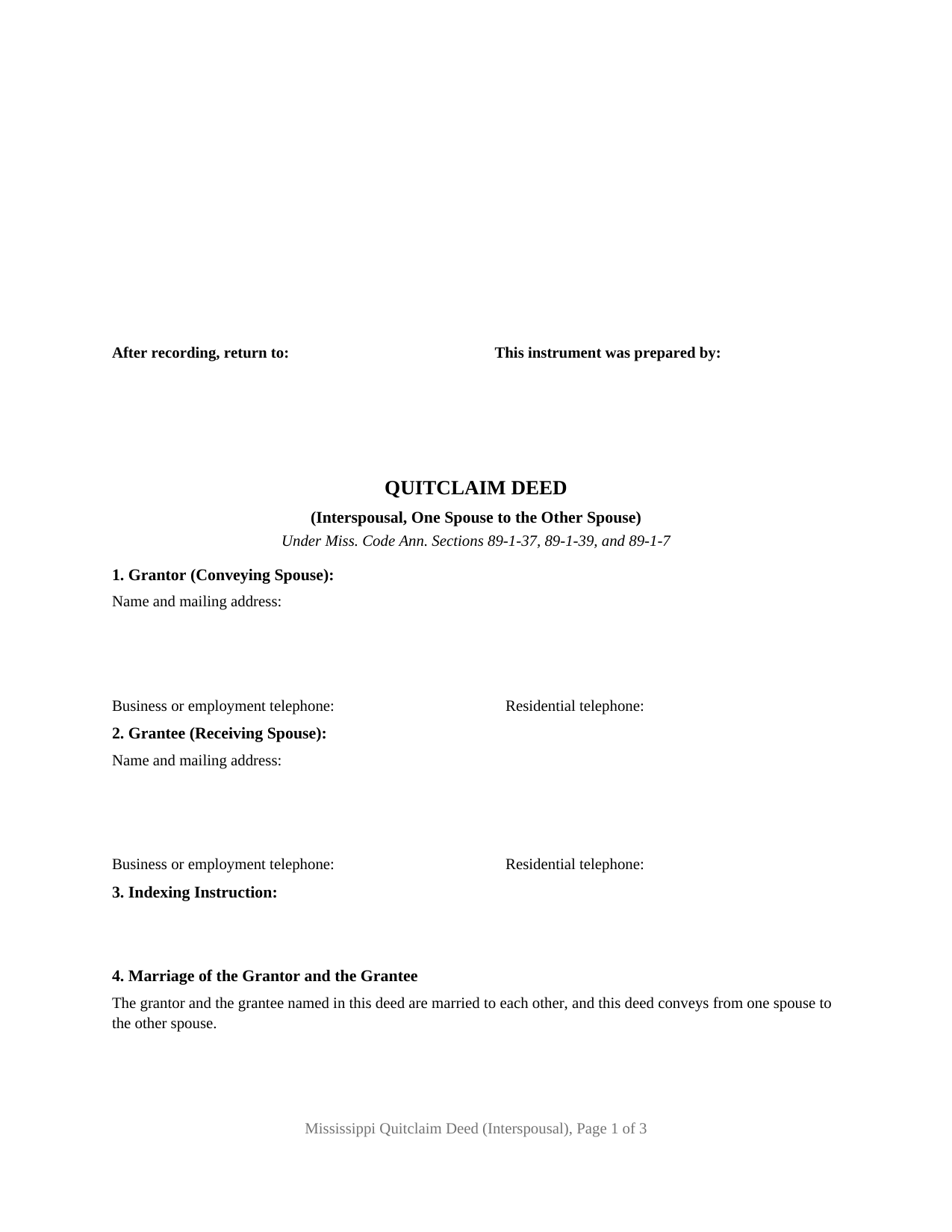 Neshoba County Quitclaim Deed (Interspousal) Form