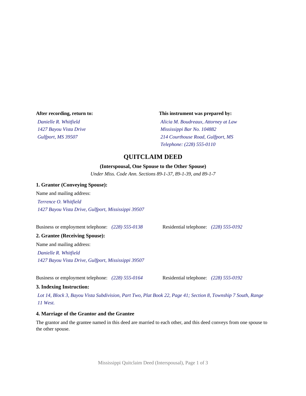 Neshoba County Completed Example of the Quitclaim Deed (Interspousal) Document