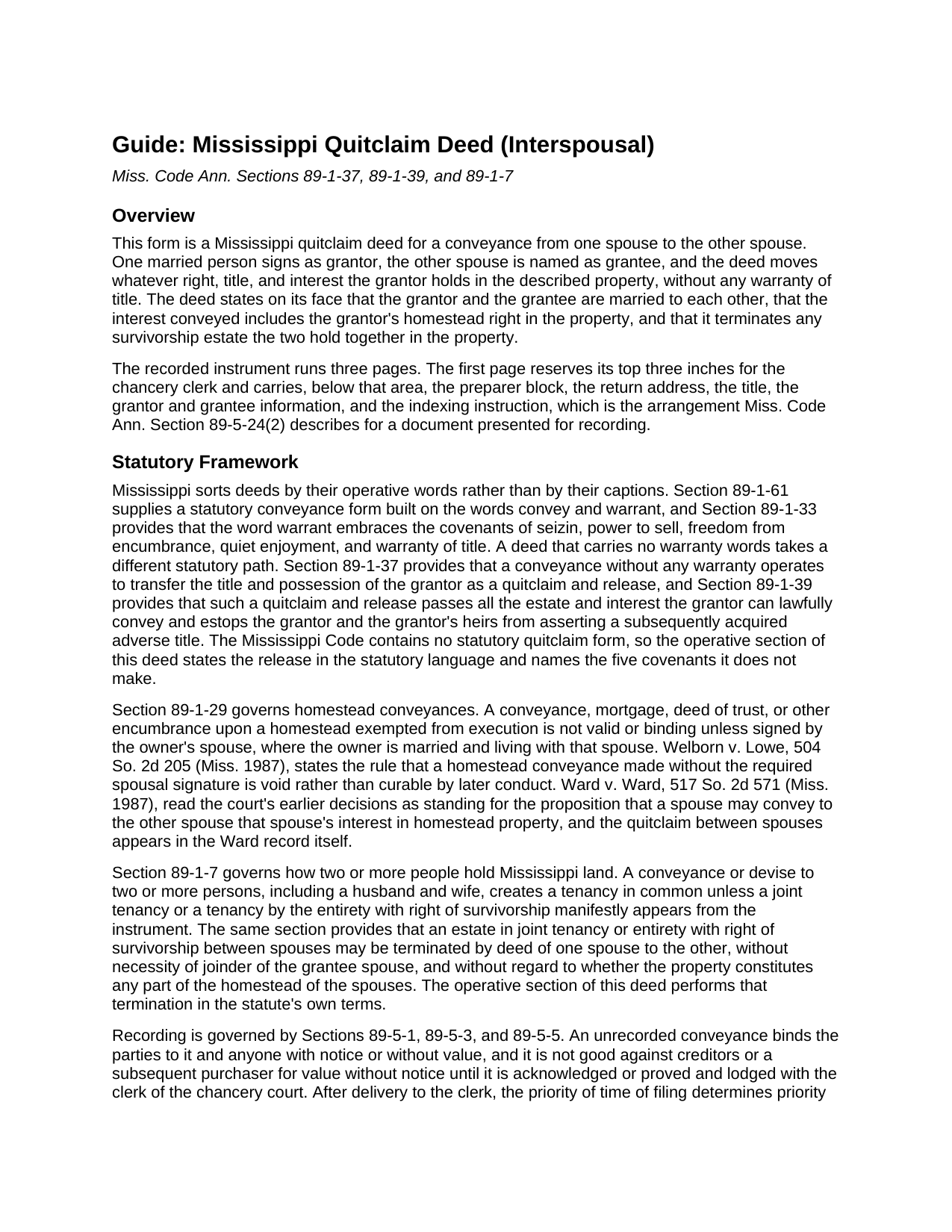 Neshoba County Quitclaim Deed (Interspousal) Guide