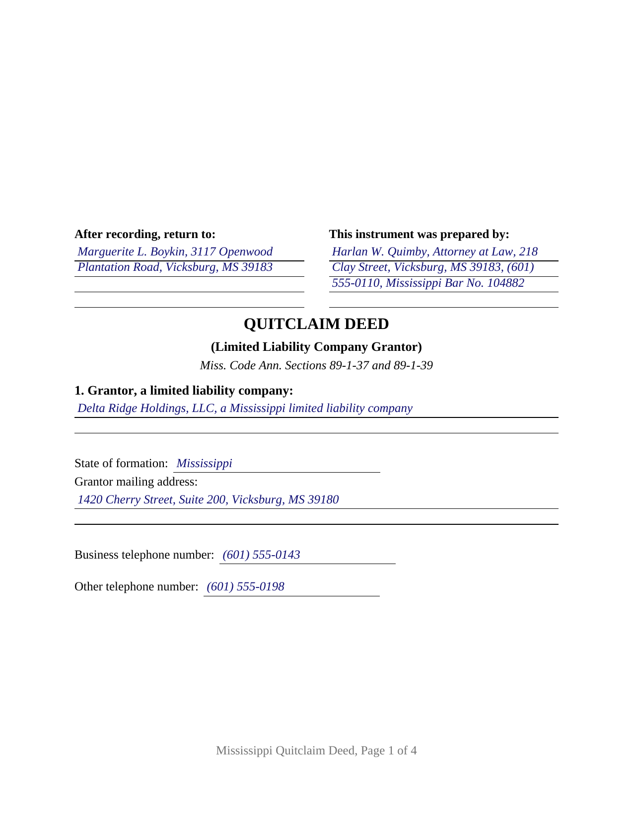 Warren County Completed Example of the Quitclaim Deed (LLC Grantor) Document