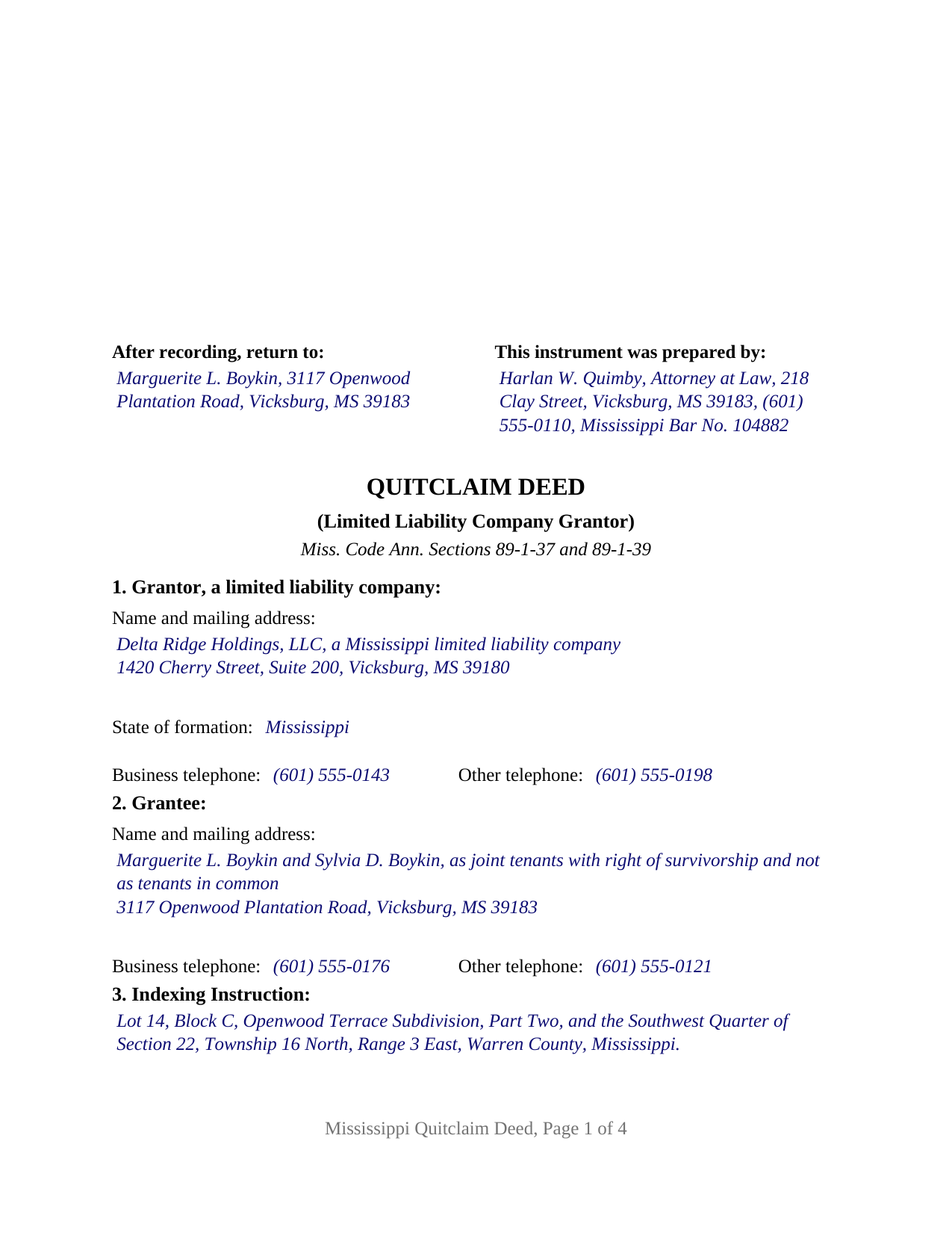Attala County Completed Example of the Quitclaim Deed (LLC Grantor) Document
