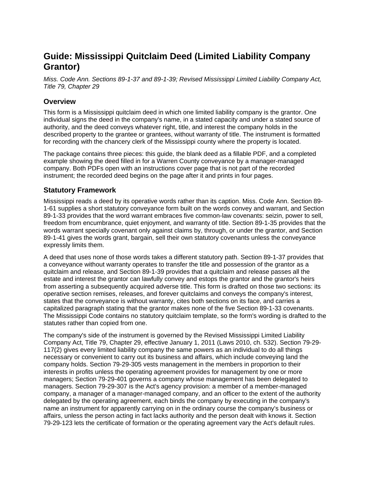 Attala County Quitclaim Deed (LLC Grantor) Guide