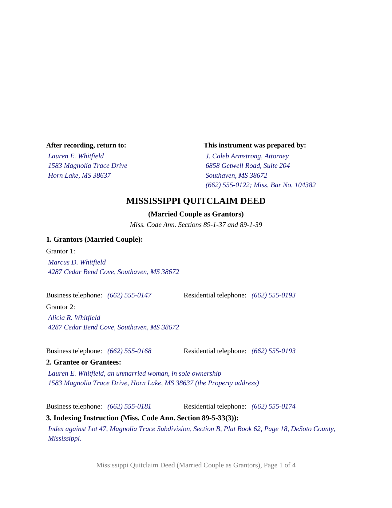 Jones County Completed Example of the Quitclaim Deed (Married Couple as Grantors) Document