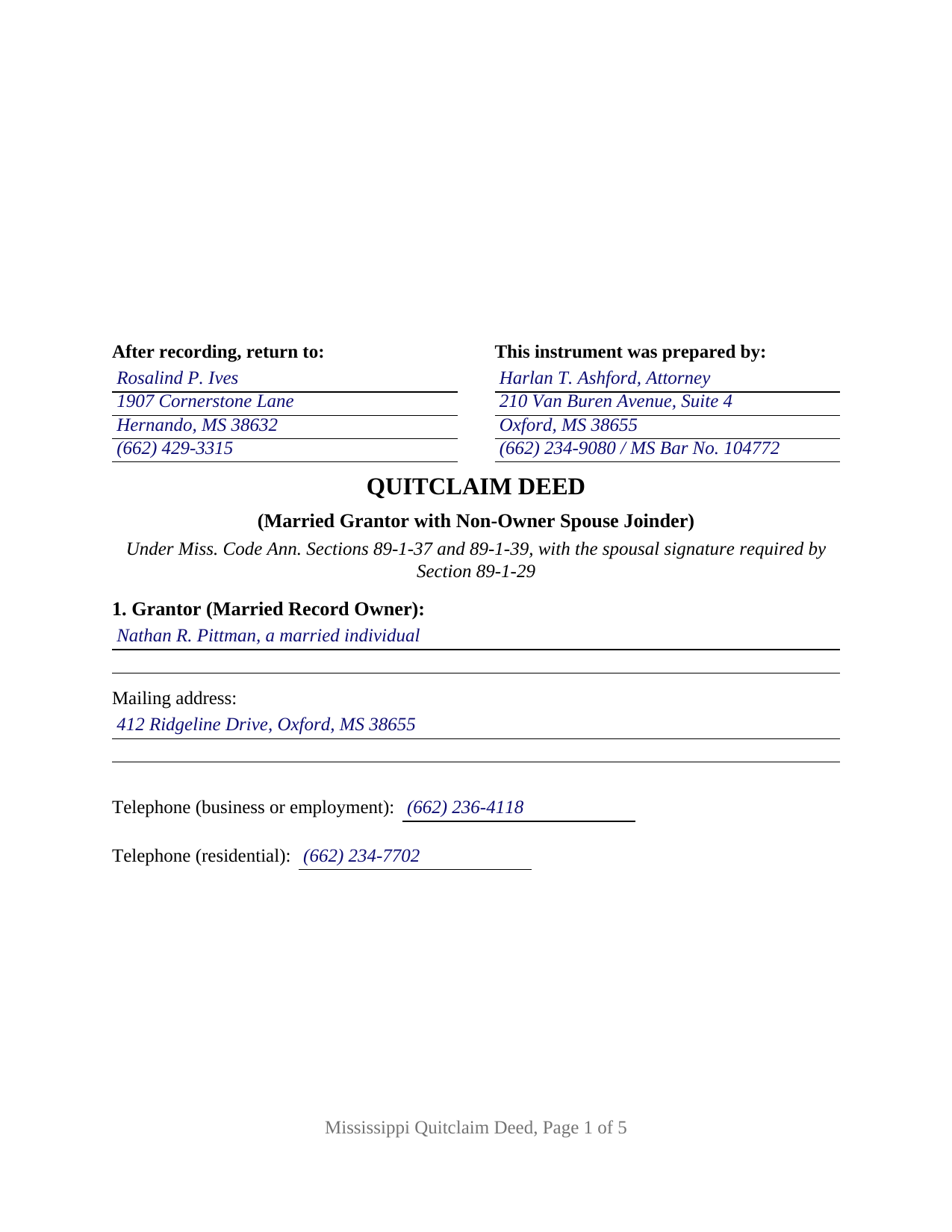 Smith County Completed Example of the Quitclaim Deed (Married Grantor with Non-Owner Spouse Joinder) Document