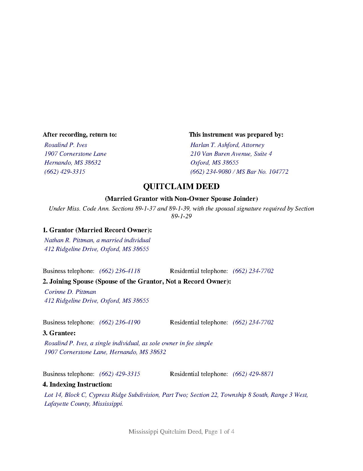 Clay County Completed Example of the Quitclaim Deed (Married Grantor with Non-Owner Spouse Joinder) Document