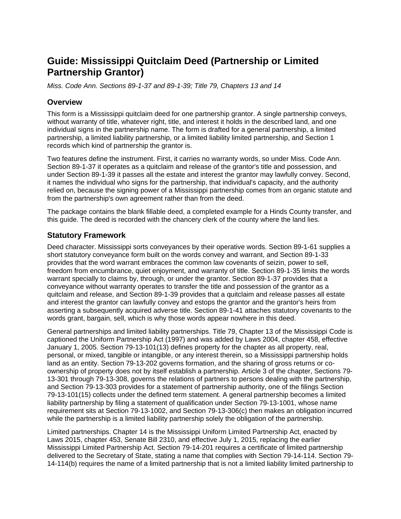 Perry County Quitclaim Deed (Partnership or Limited Partnership Grantor) Guide