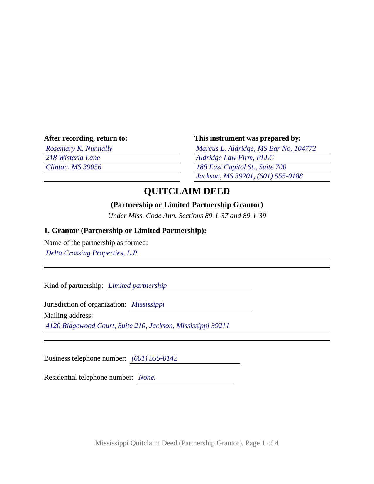 Perry County Completed Example of the Quitclaim Deed (Partnership or Limited Partnership Grantor) Document