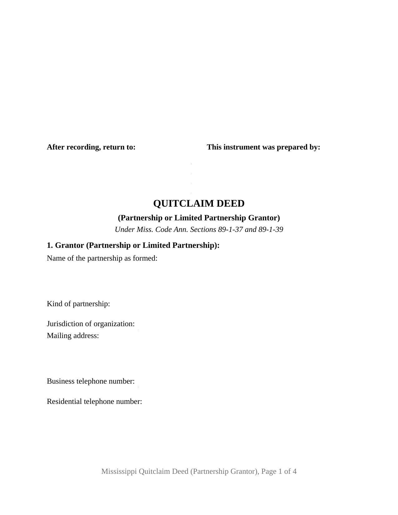 Perry County Quitclaim Deed (Partnership or Limited Partnership Grantor) Form