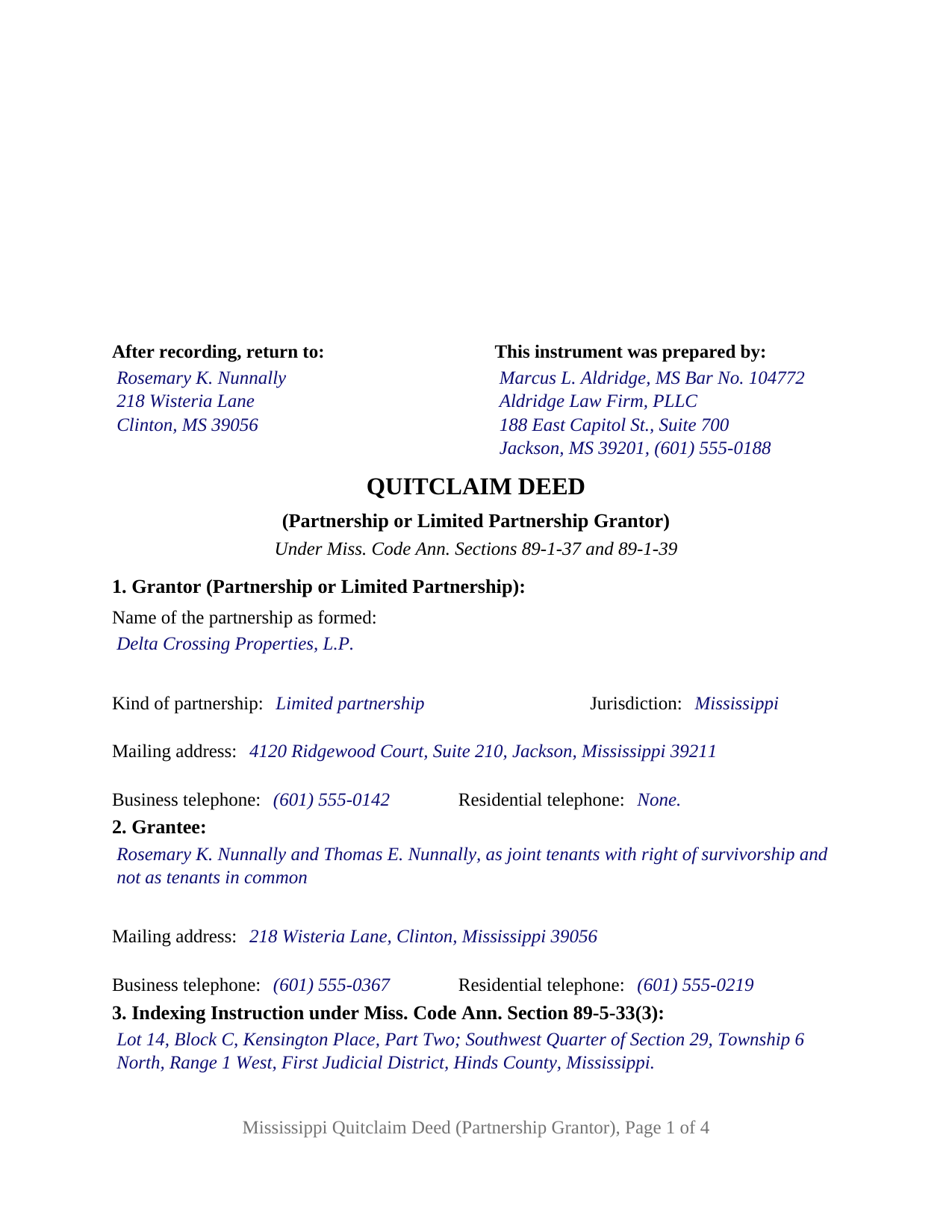 Amite County Completed Example of the Quitclaim Deed (Partnership or Limited Partnership Grantor) Document