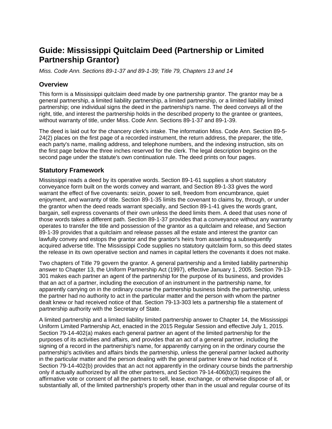 Amite County Quitclaim Deed (Partnership or Limited Partnership Grantor) Guide