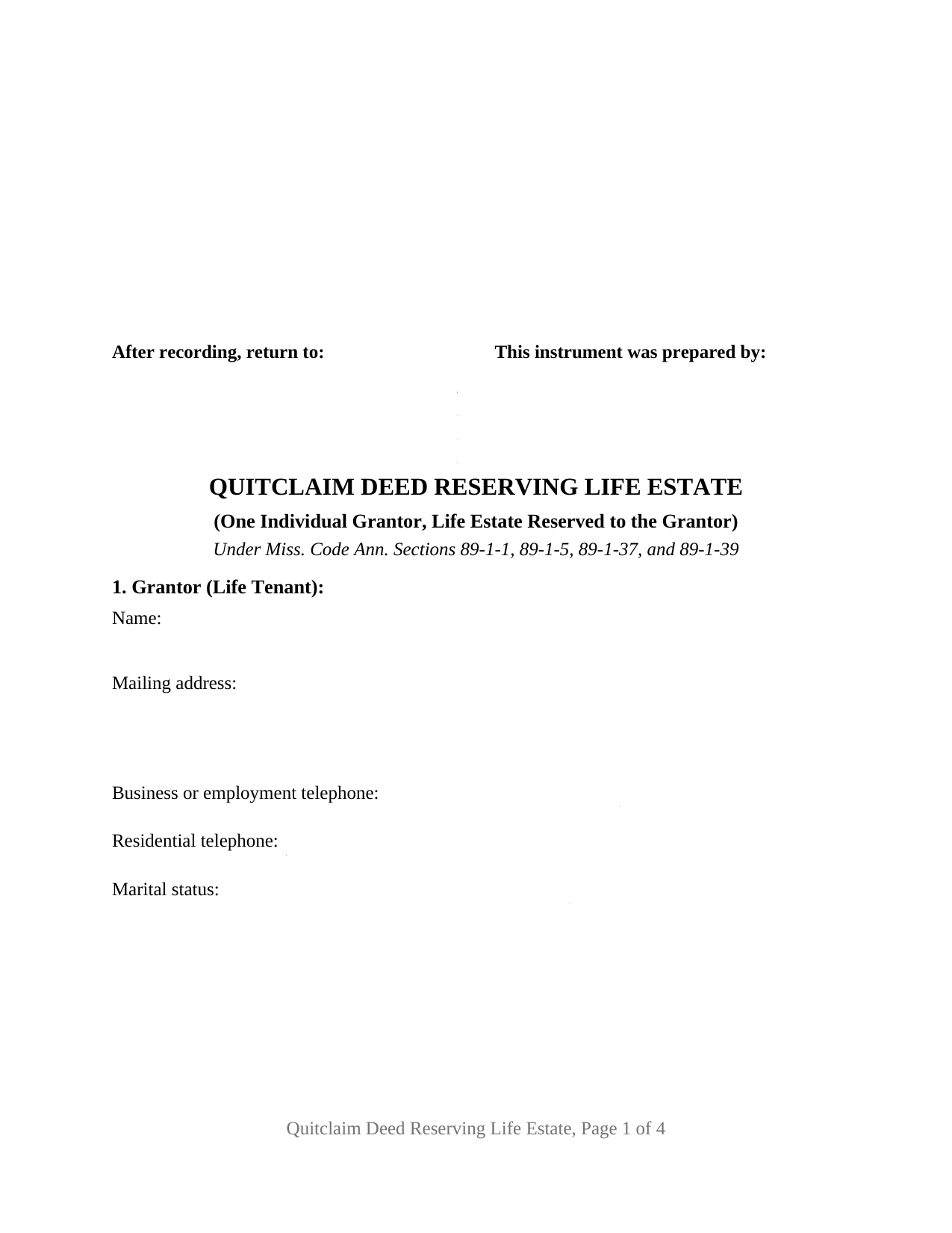 Jones County Quitclaim Deed Reserving Life Estate Form