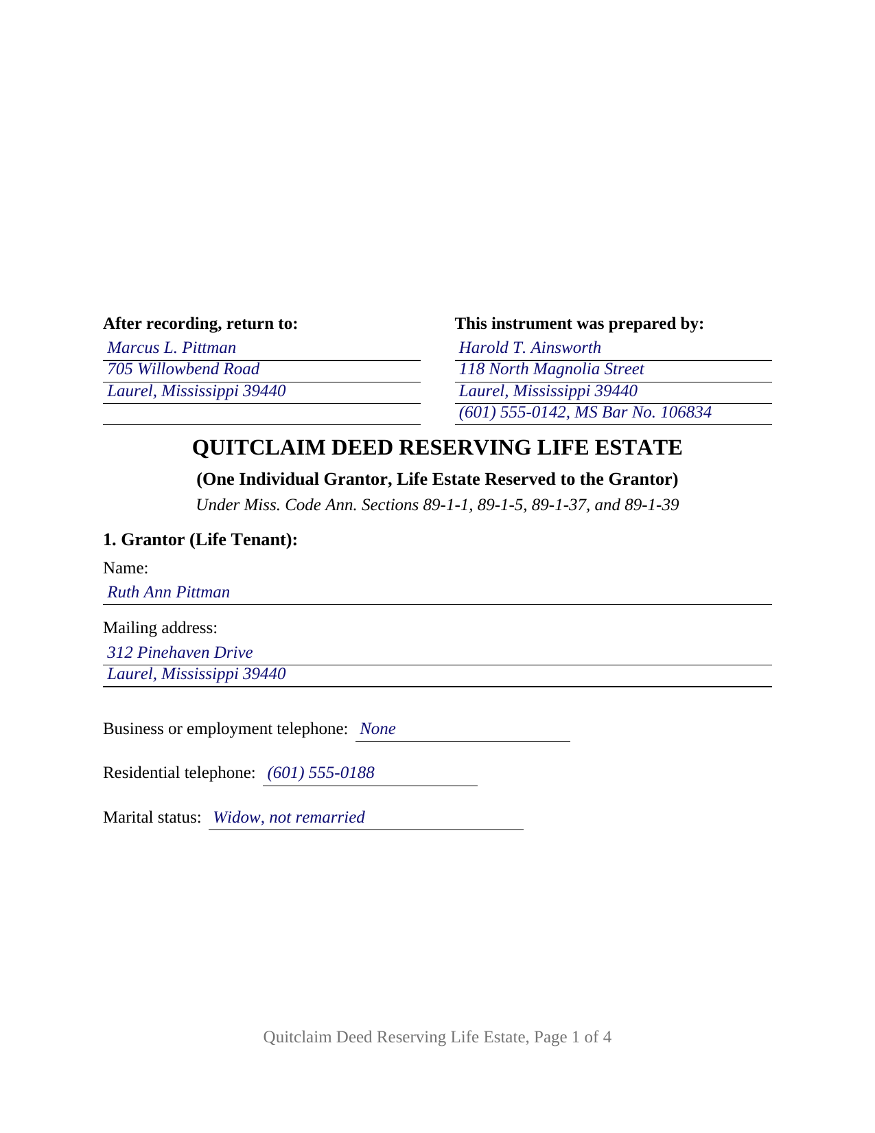Jones County Completed Example of the Quitclaim Deed Reserving Life Estate Document