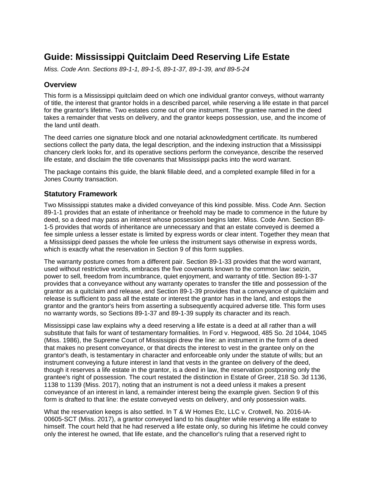 Jones County Quitclaim Deed Reserving Life Estate Guide