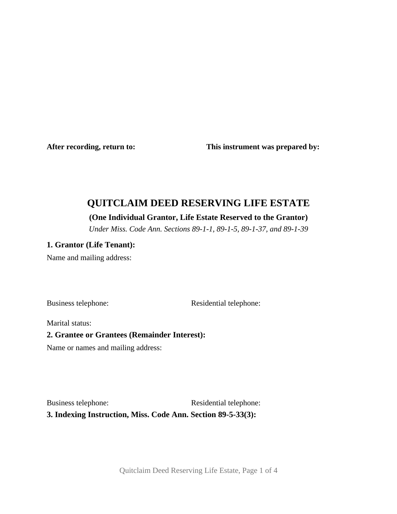 Smith County Quitclaim Deed (Reserving Life Estate) Form