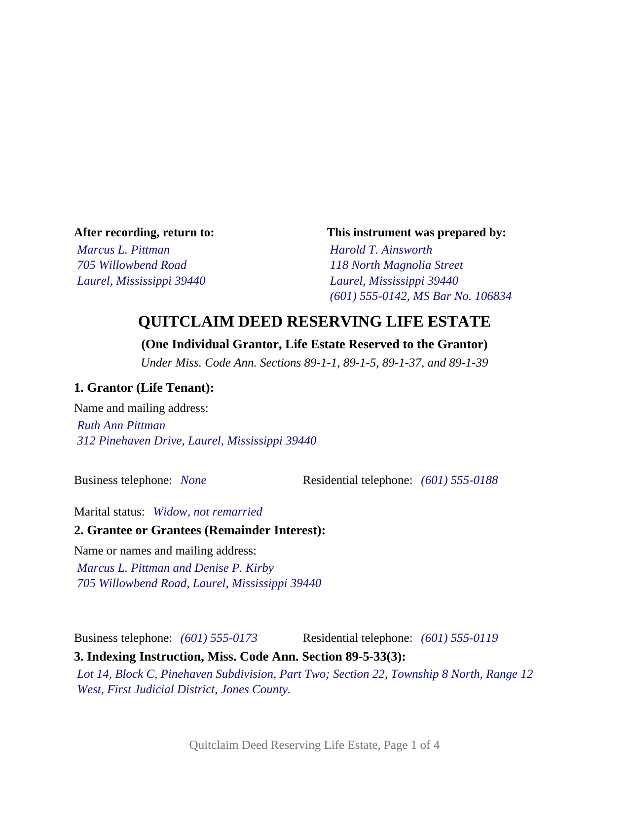 Smith County Completed Example of the Quitclaim Deed (Reserving Life Estate) Document