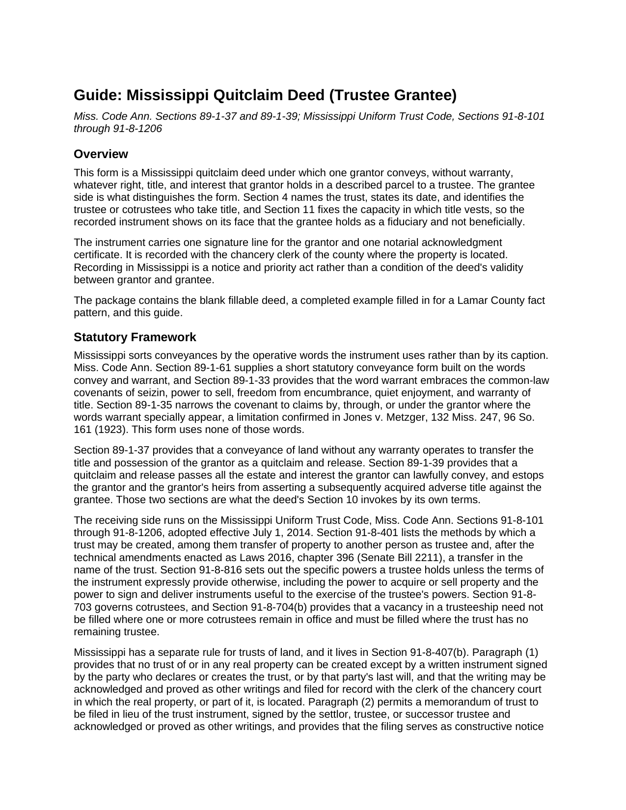 Jackson County Quitclaim Deed (Trustee Grantee) Guide