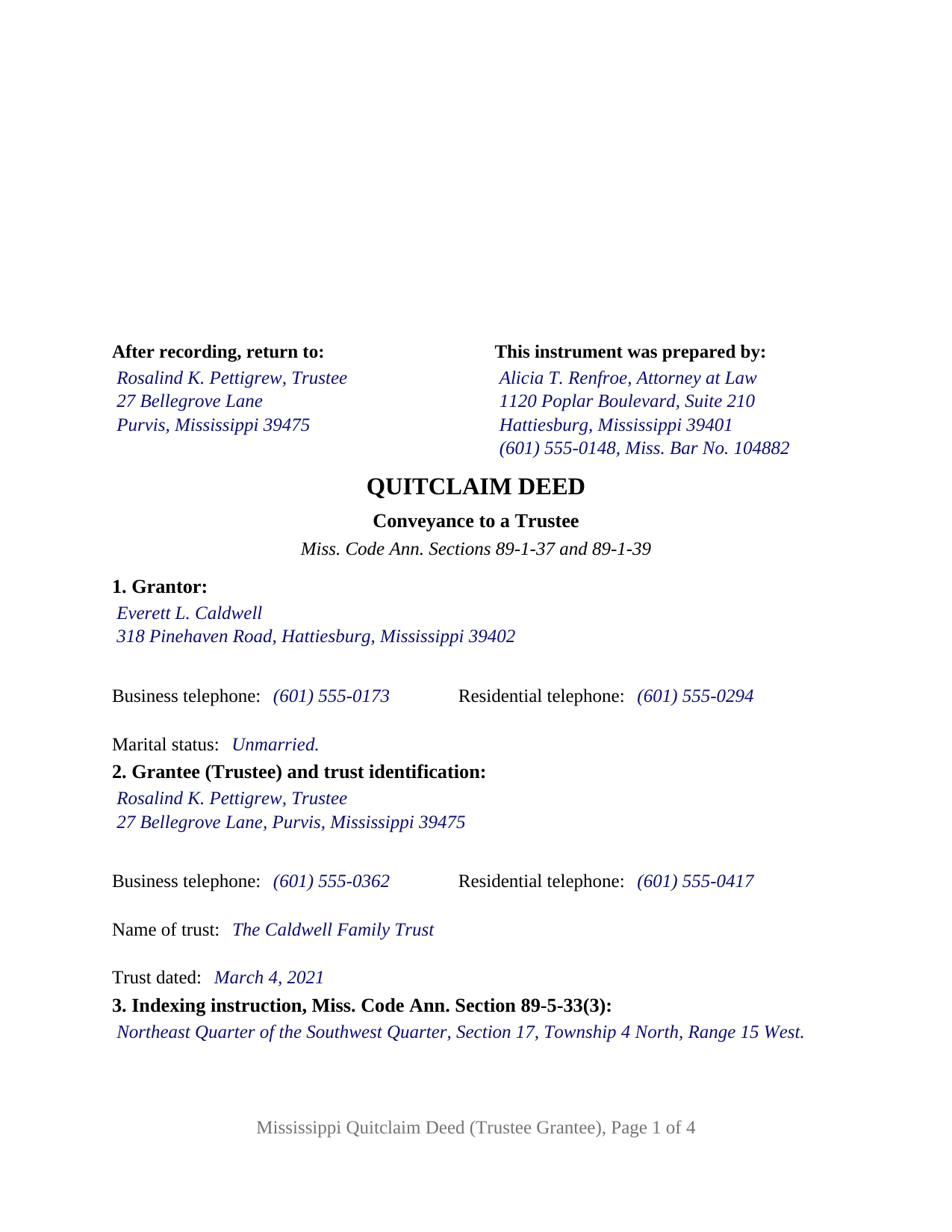 Calhoun County Completed Example of the Quitclaim Deed (Trustee Grantee) Document