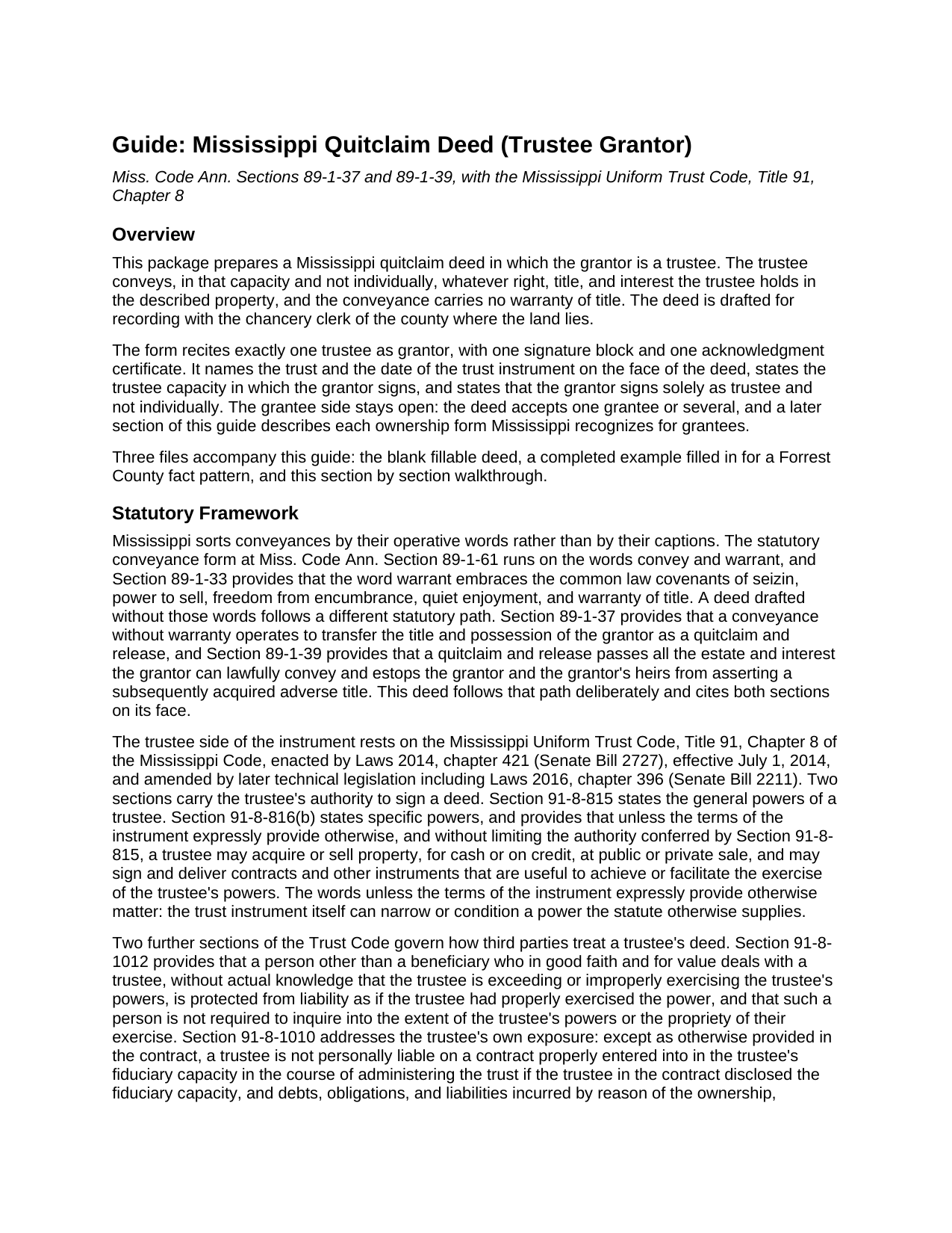 Grenada County Quitclaim Deed (Trustee Grantor) Guide