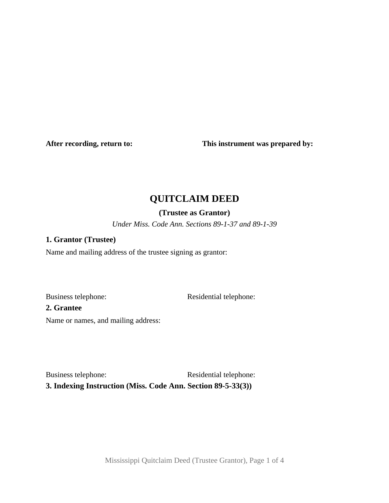 Attala County Quitclaim Deed (Trustee Grantor) Form