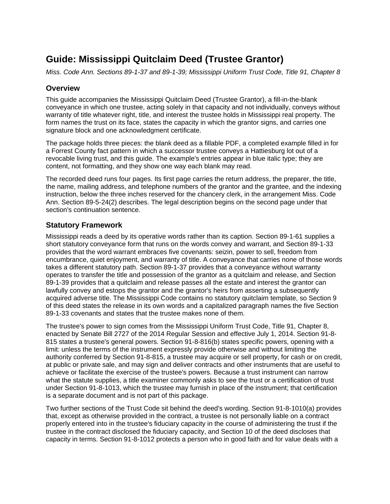 Attala County Quitclaim Deed (Trustee Grantor) Guide