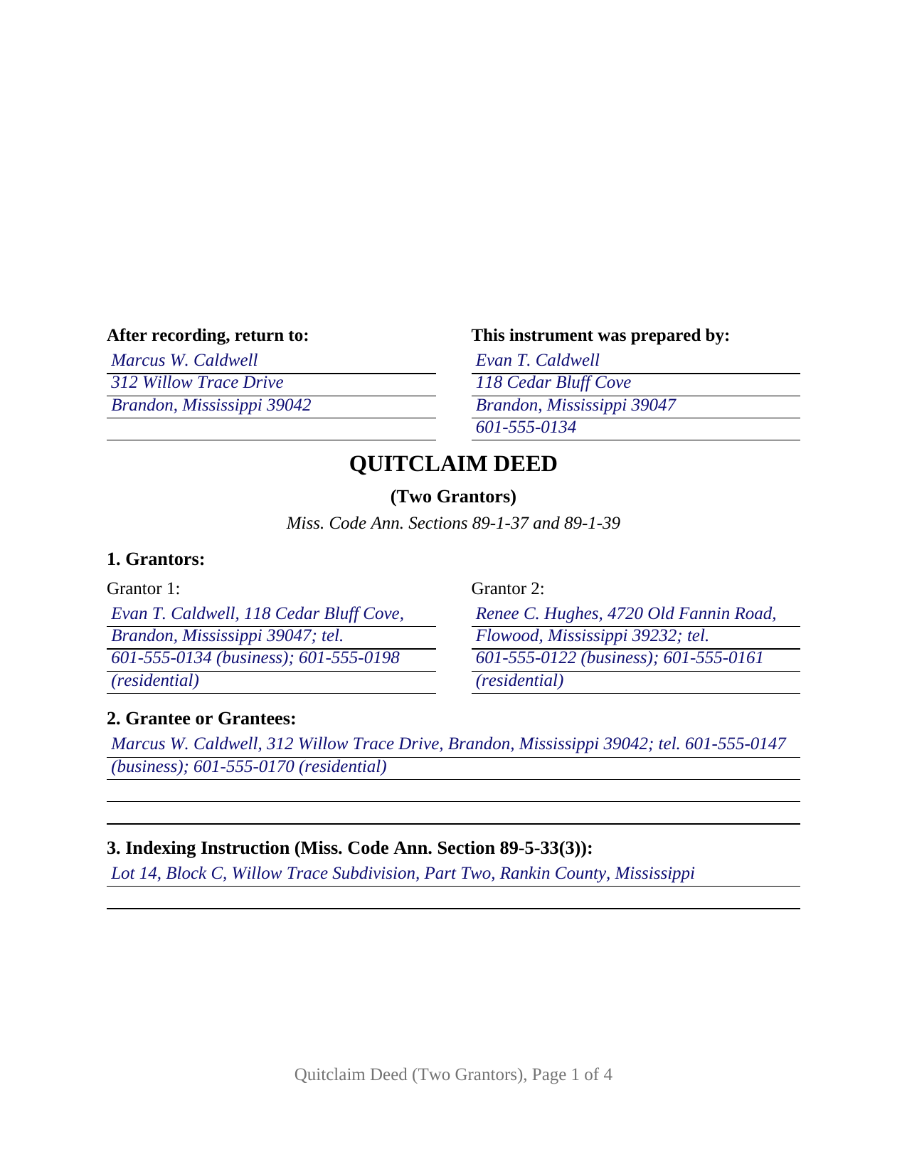 Carroll County Completed Example of the Quitclaim Deed (Two Grantors) Document