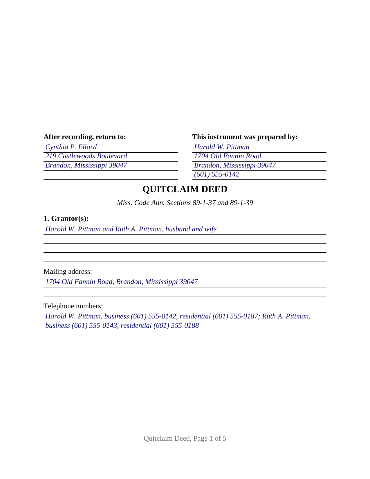 Tishomingo County Completed Example of the Quitclaim Deed Document