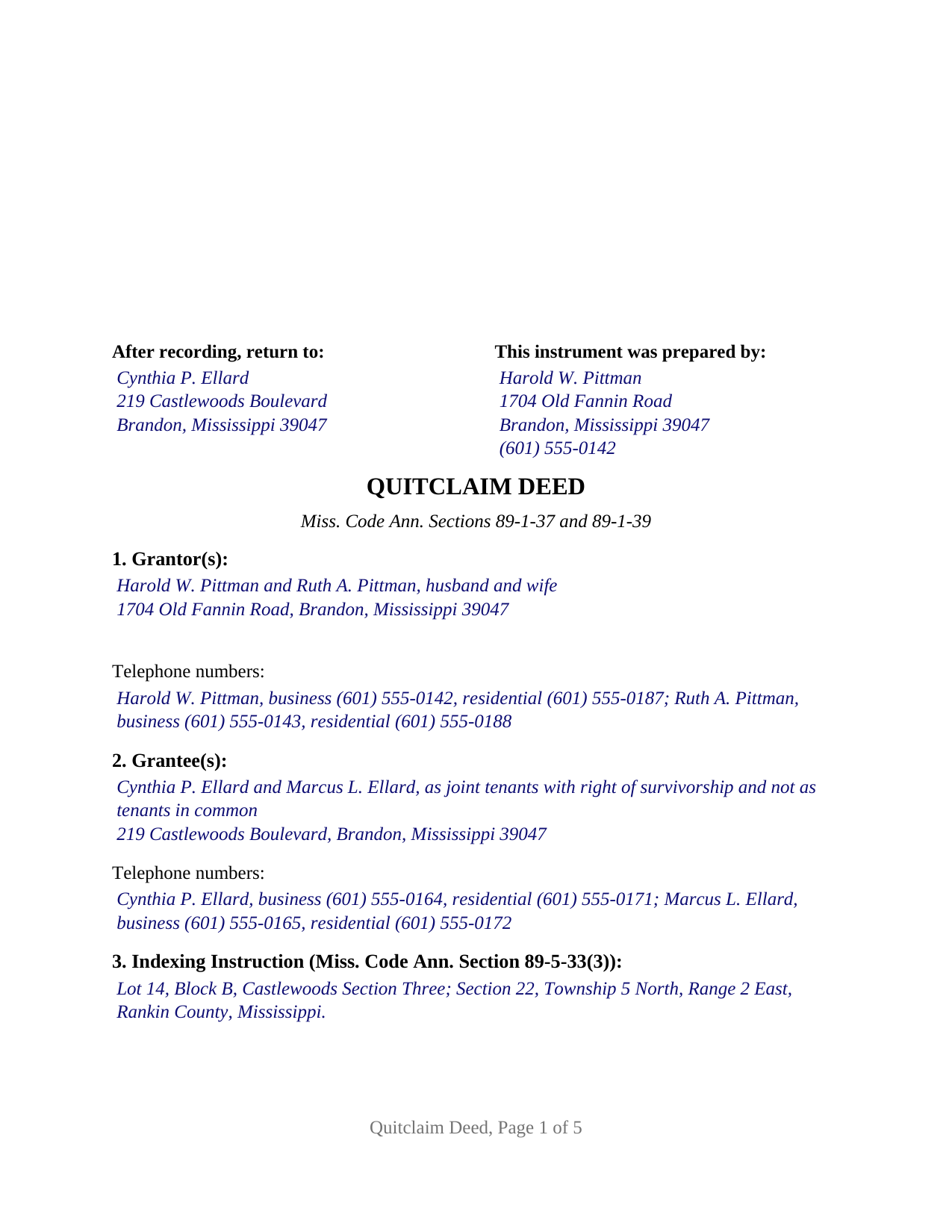 Winston County Completed Example of the Quitclaim Deed Document