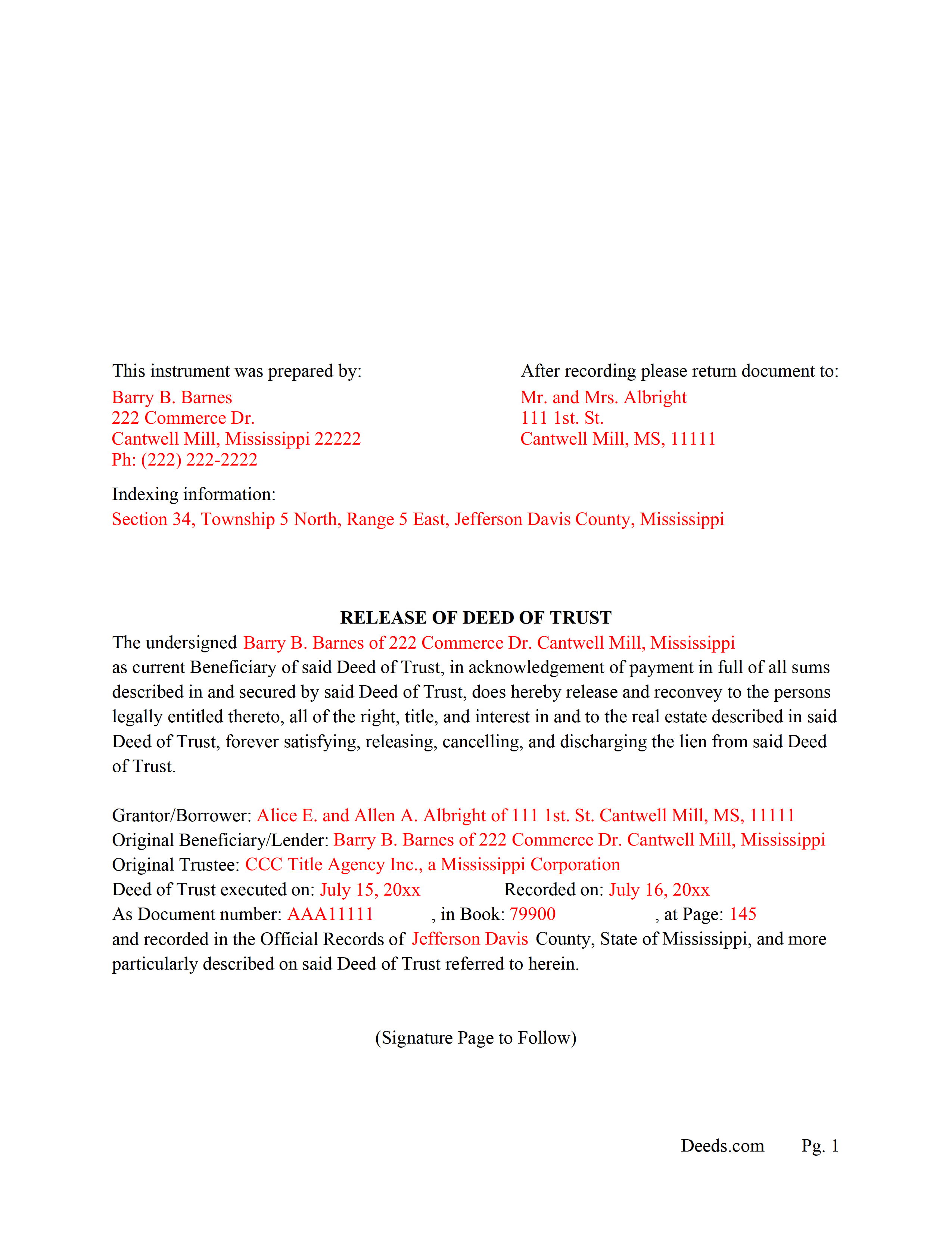 Completed Example of the Release of Deed of Trust