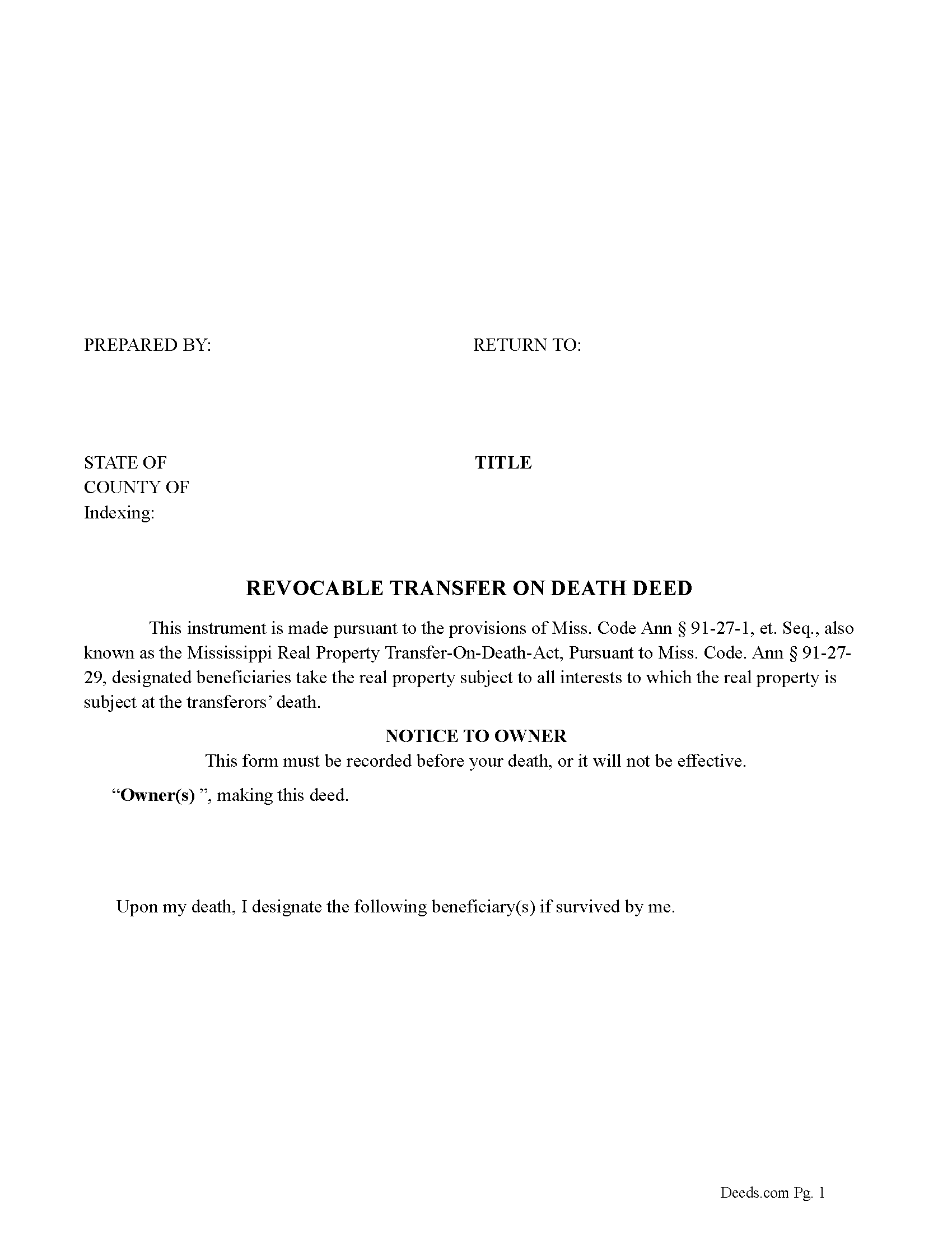 Noxubee County Revocable Transfer on Death Deed Form