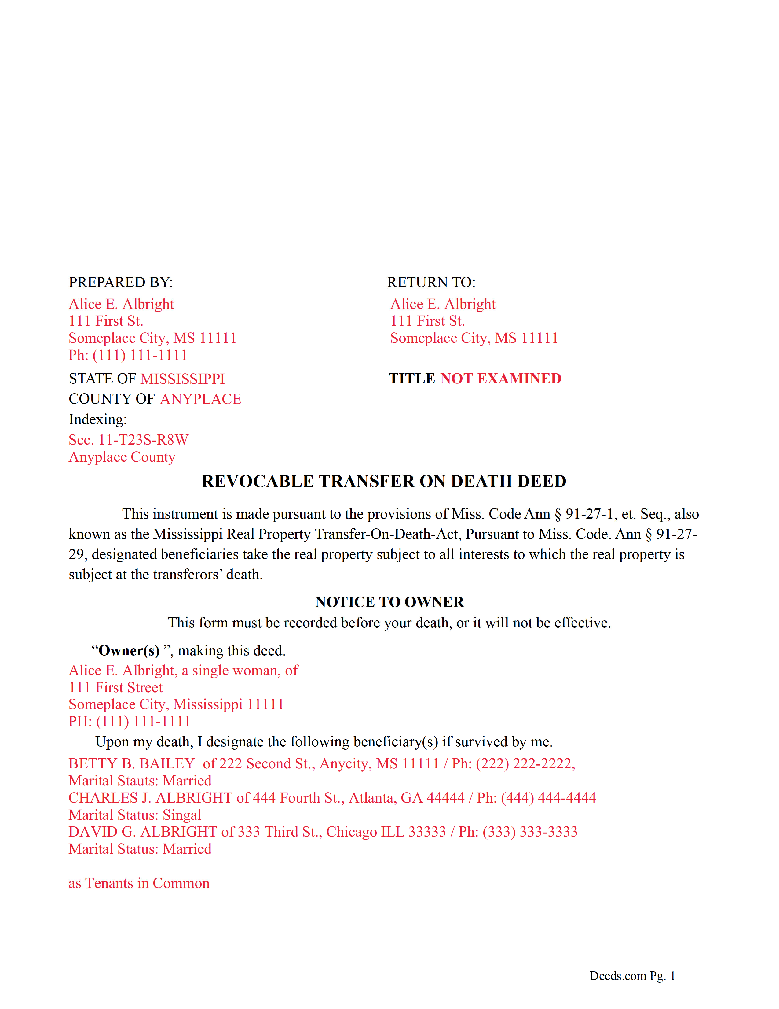 Completed Example of the Revocable Transfer on Death Deed Document