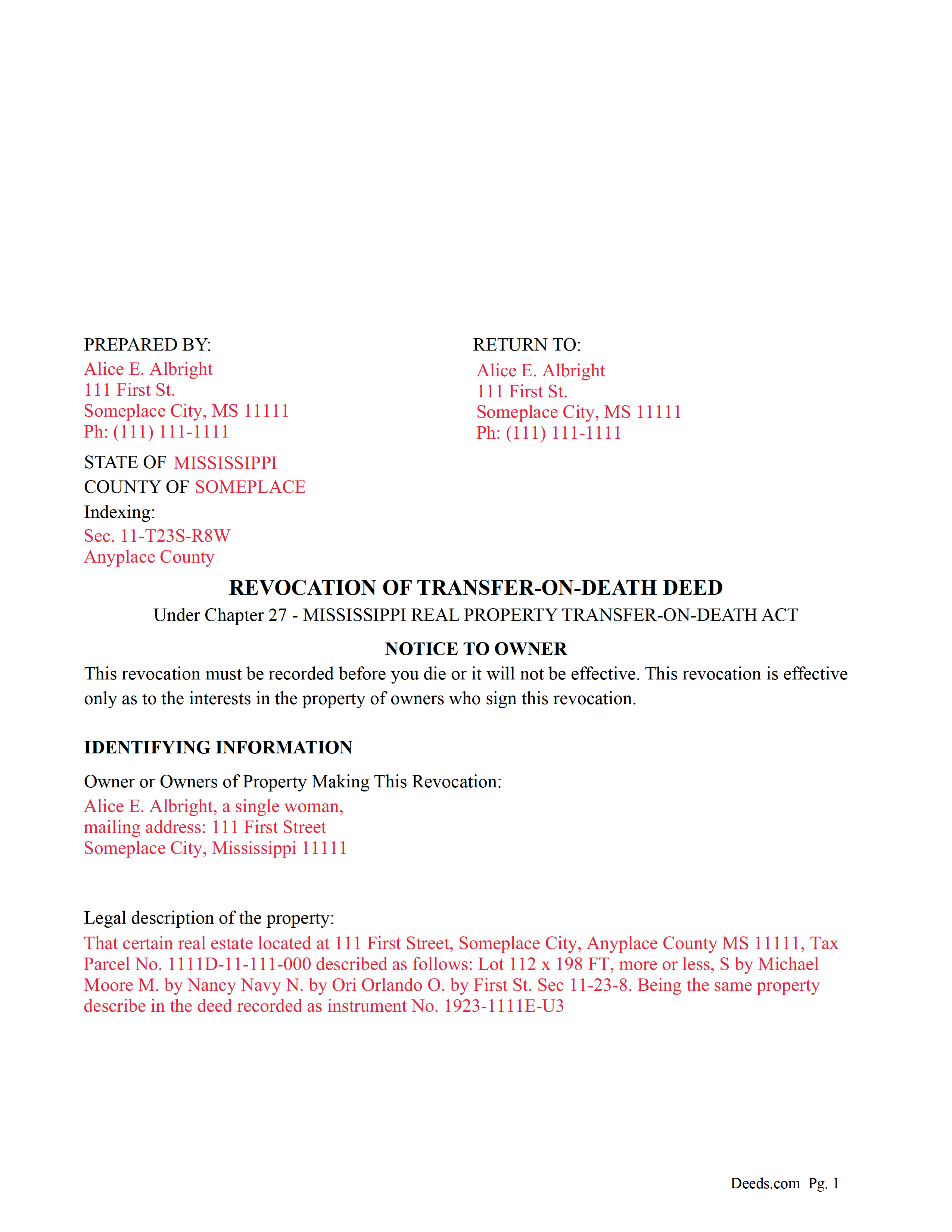 Completed Example of a Revocation of Transfer on Death Deed Document