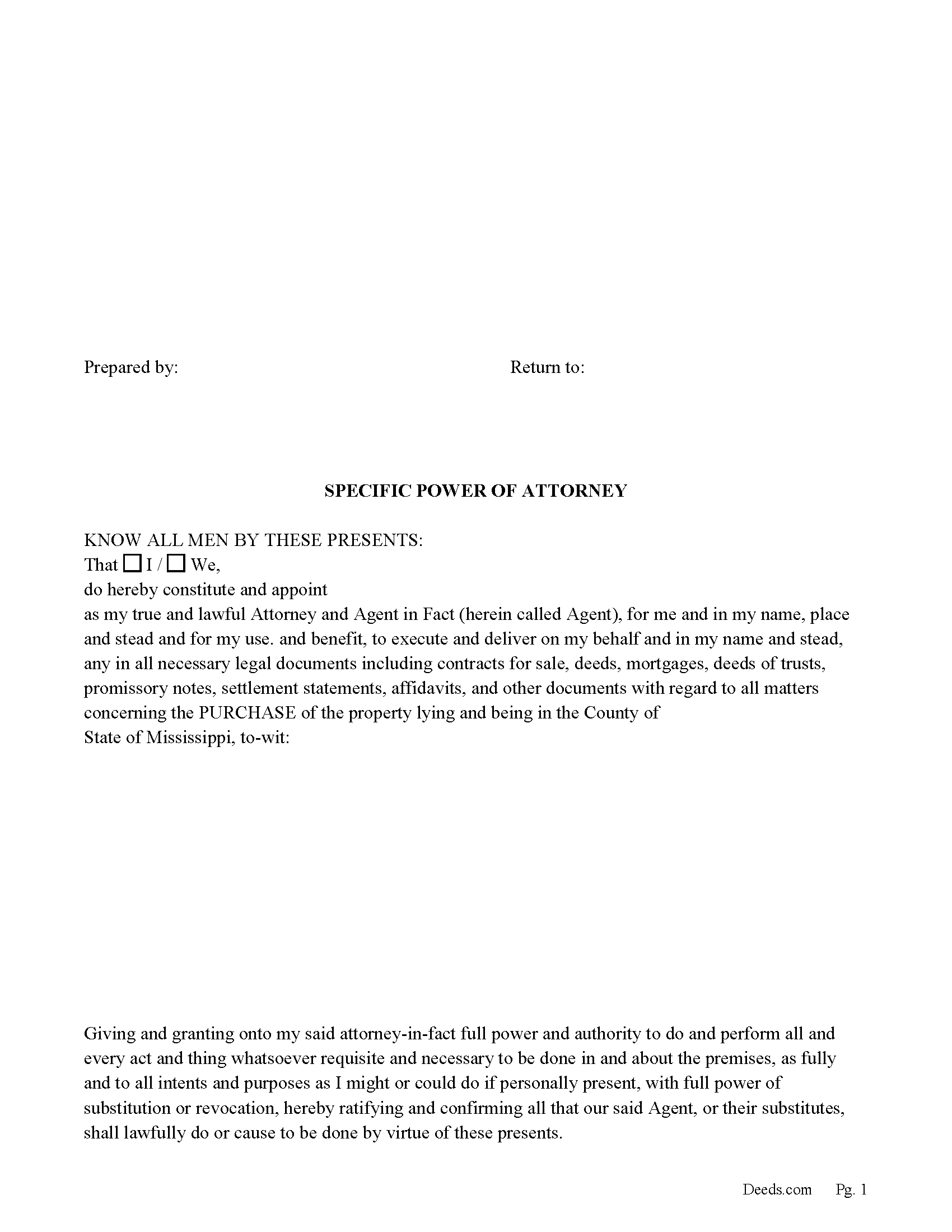 Neshoba County Specific Power of Attorney for the Purchase of Property Form