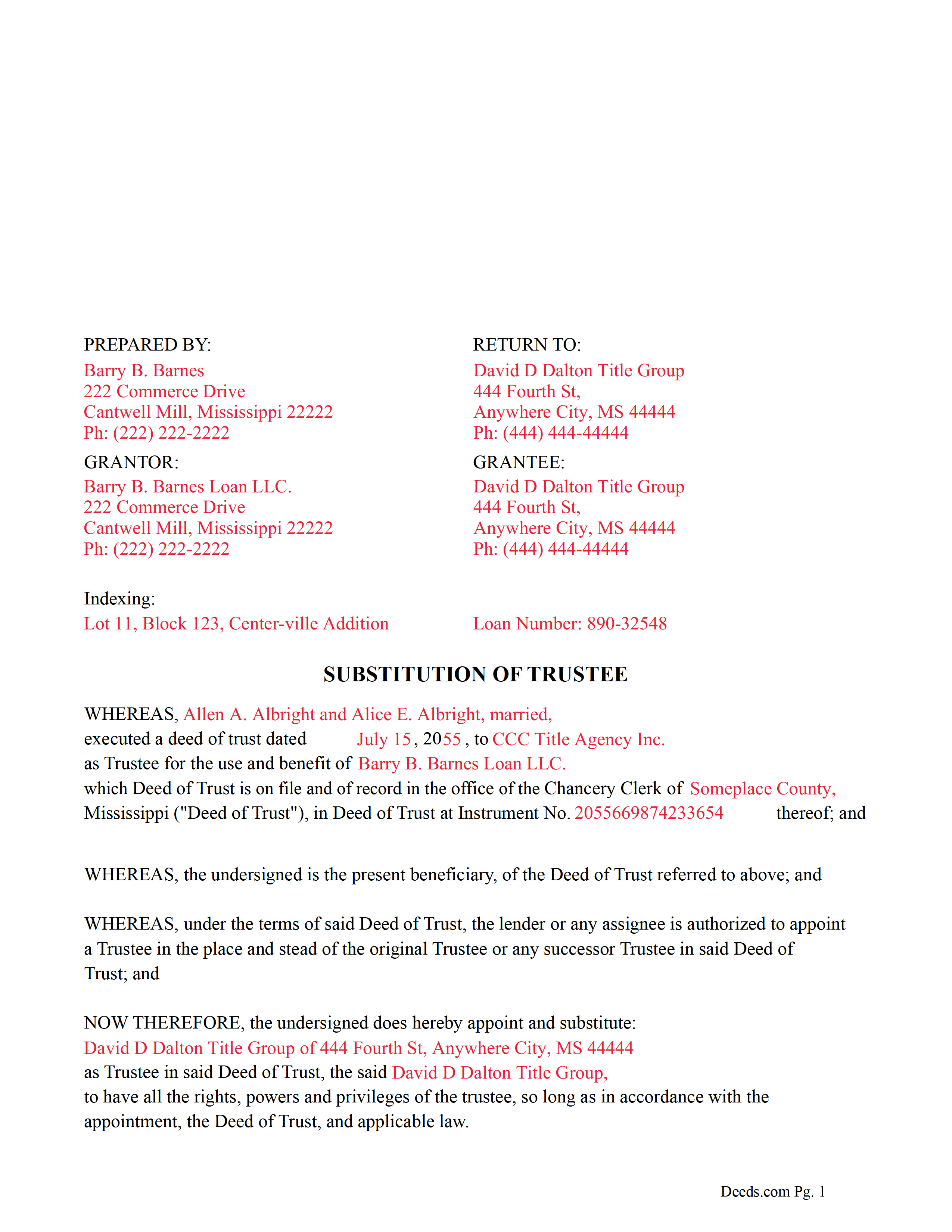 Completed Example of the Substitution of Trustee Document