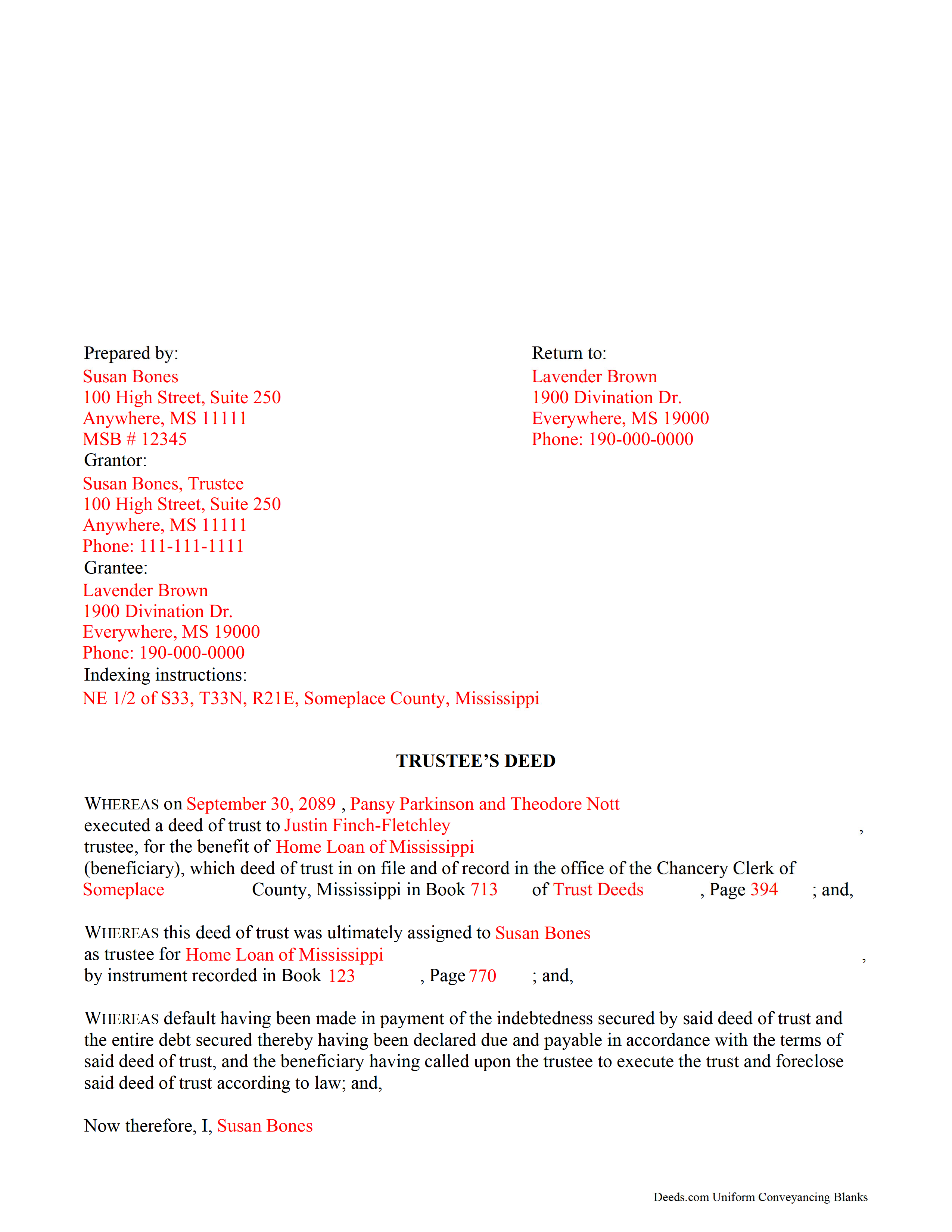 Completed Example of the Trustee Deed Document