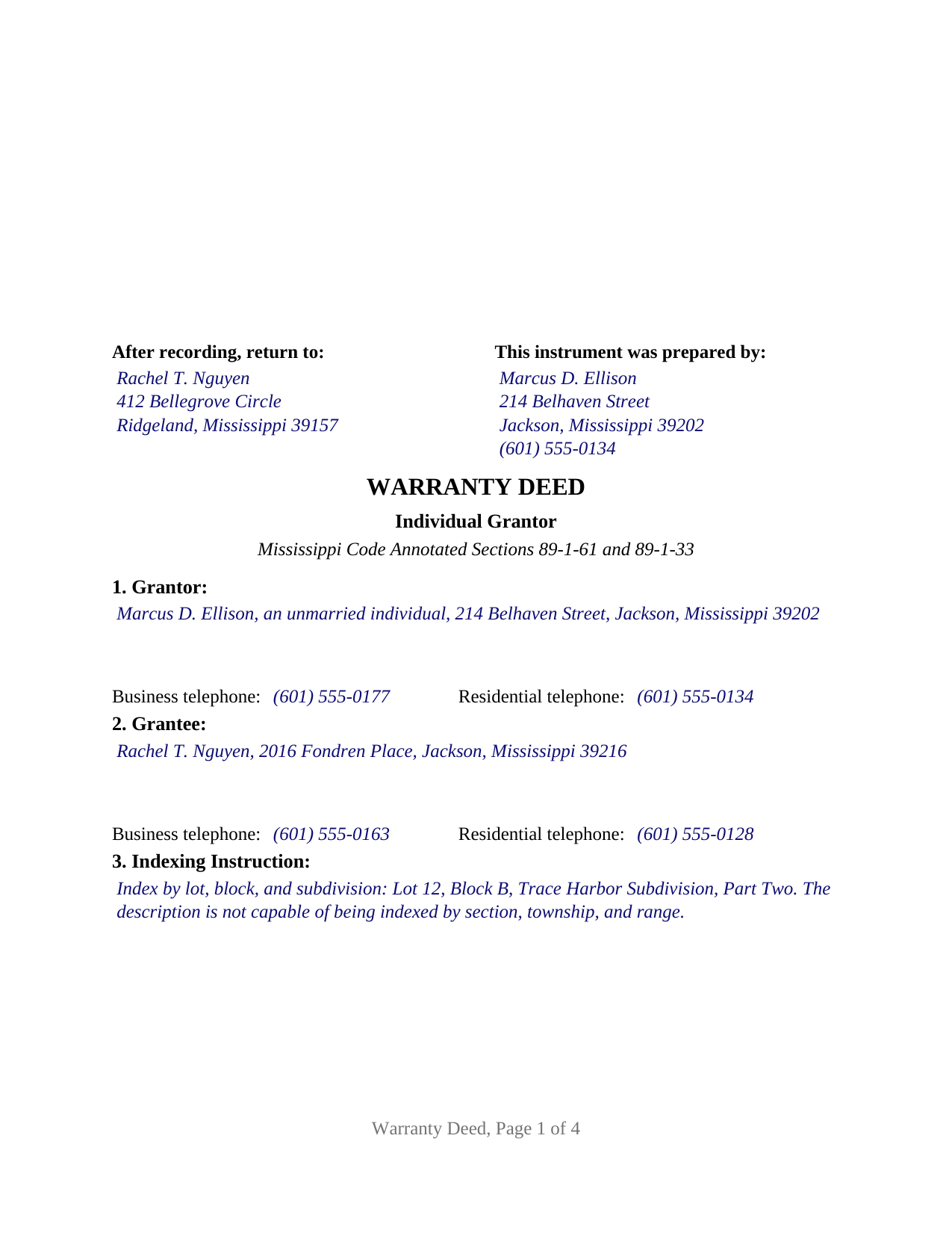 Desoto County Completed Example of the Warranty Deed (Individual Grantor) Document