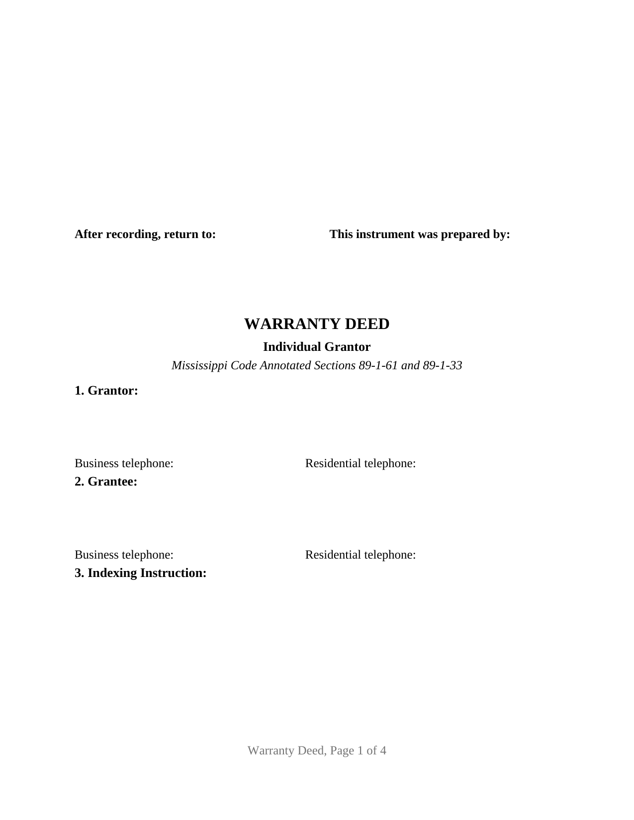 Desoto County Warranty Deed (Individual Grantor) Form