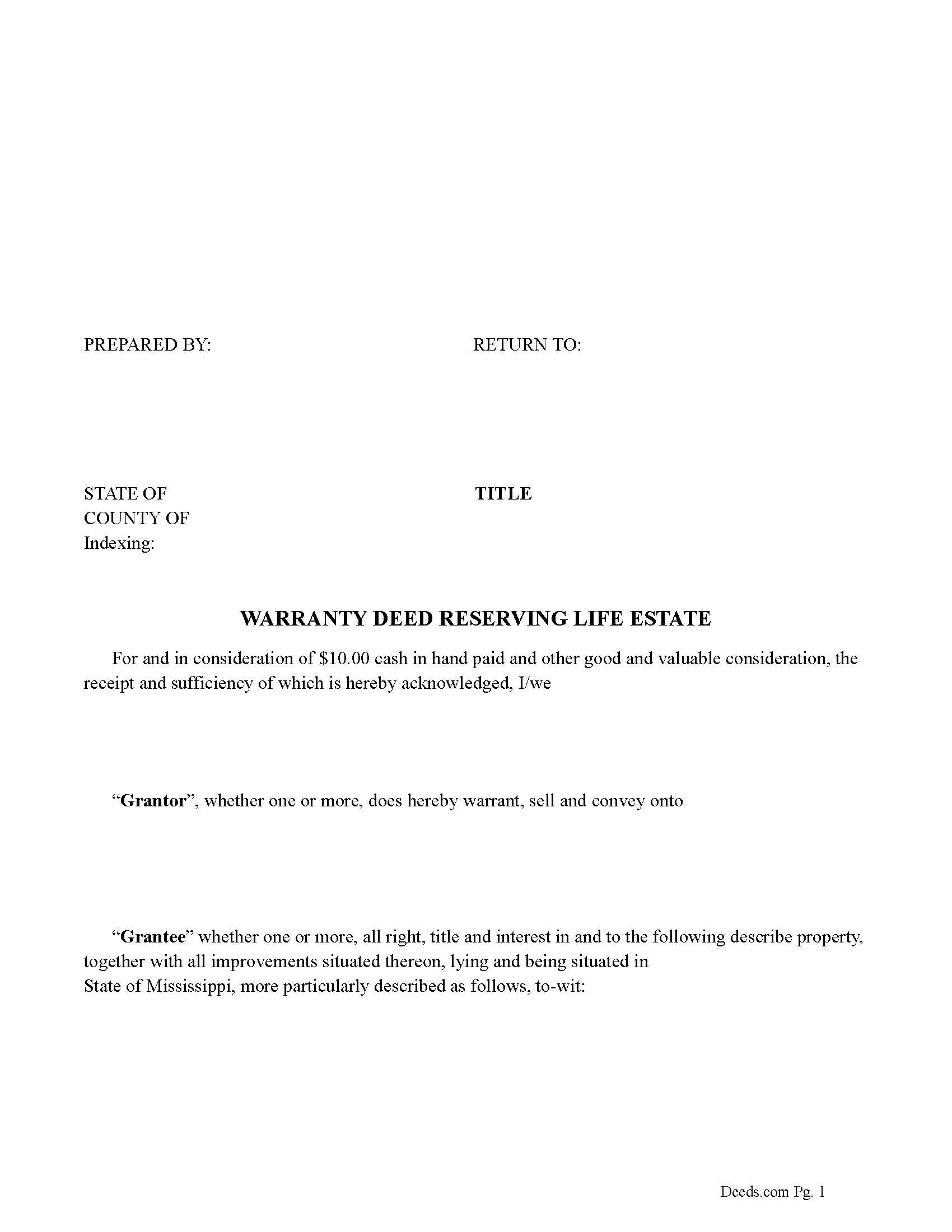 Tallahatchie County Warranty Deed Reserving Life Estate Form