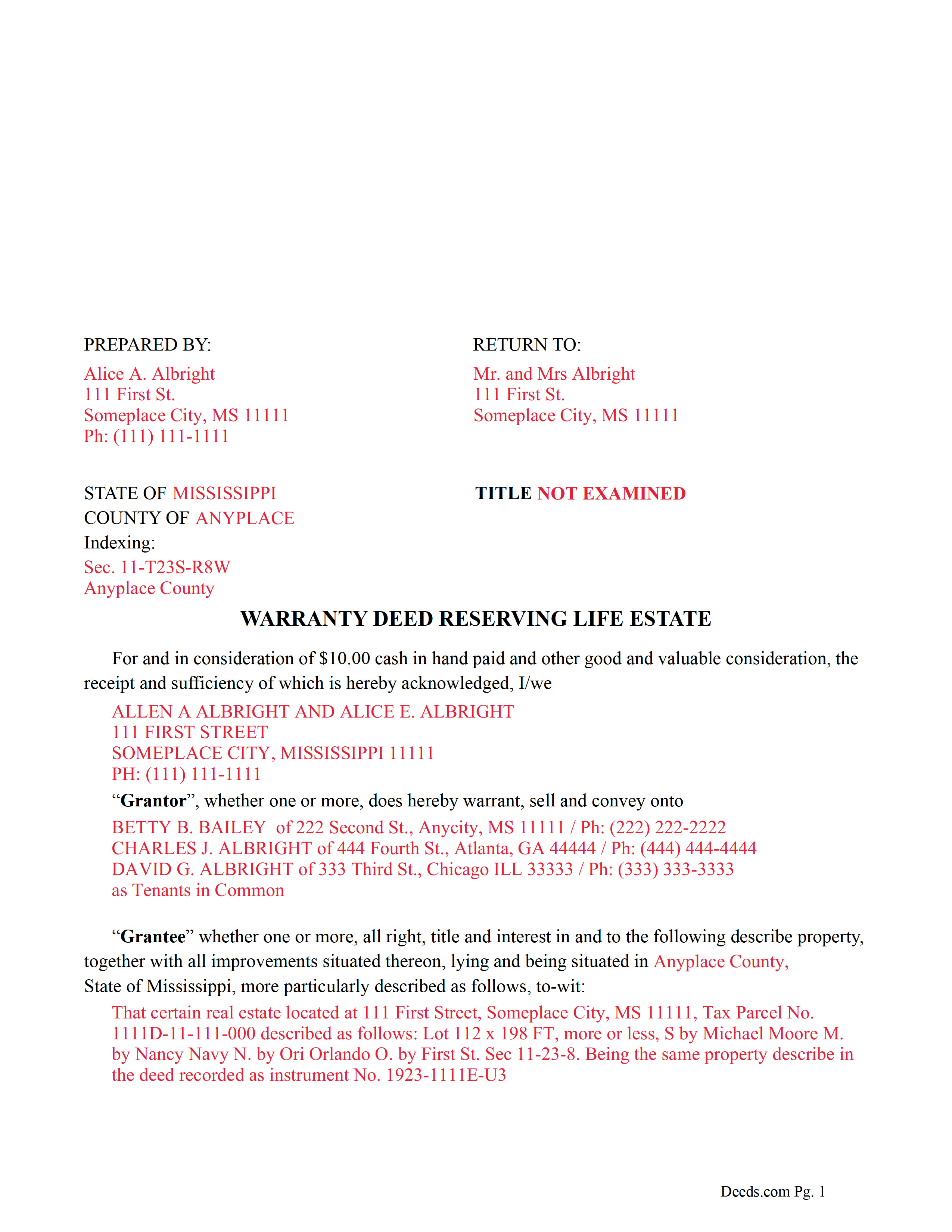 Tallahatchie County Completed Example of the Warranty Deed Reserving Life Estate Form