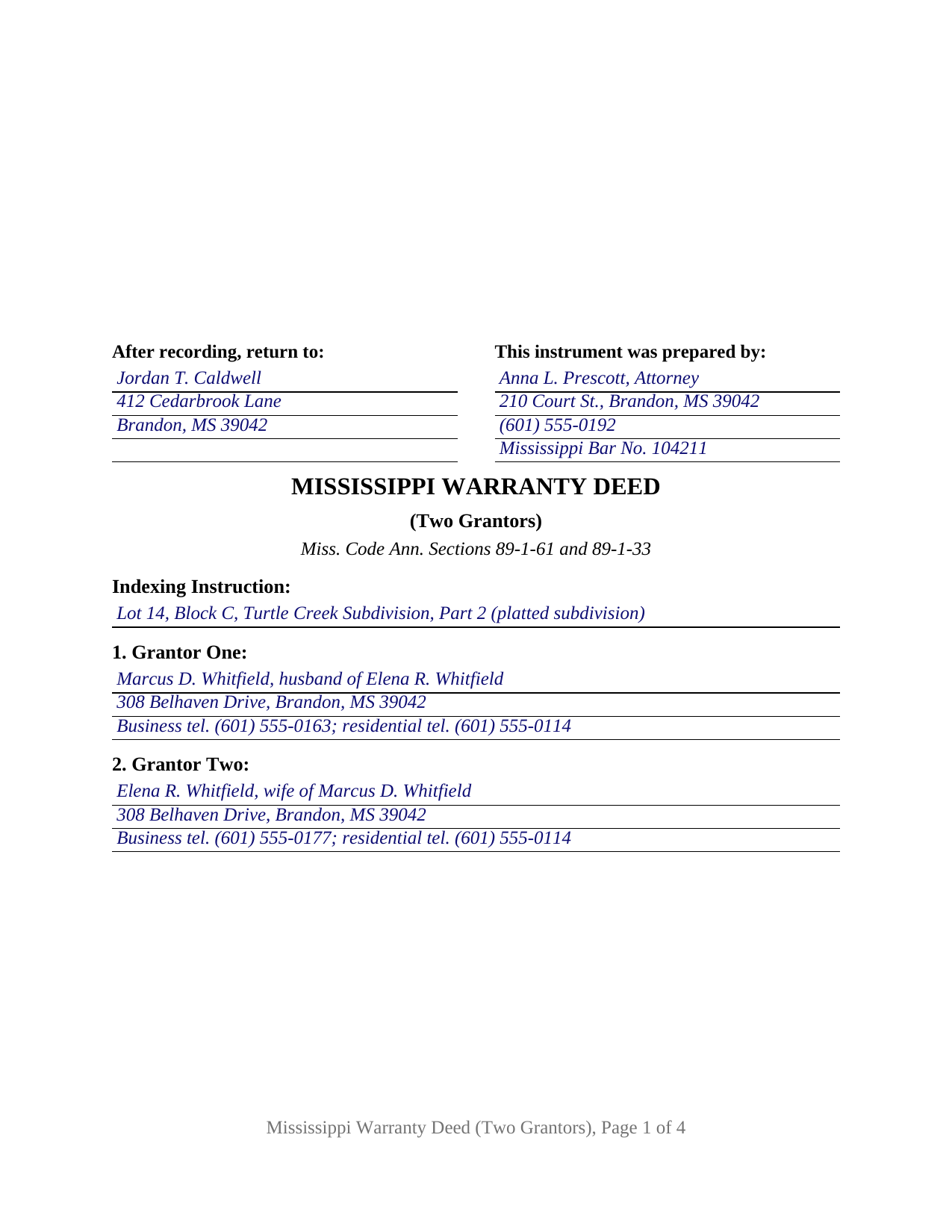 Warren County Completed Example of the Warranty Deed (Two Grantors) Document